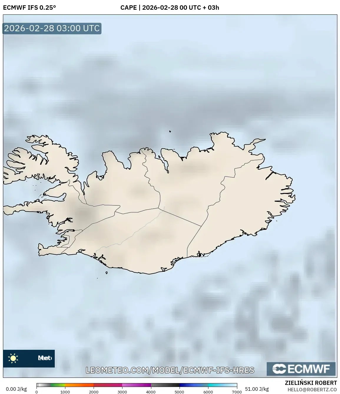 ECMWF IFS 0.25° model - Islandia, CAPE