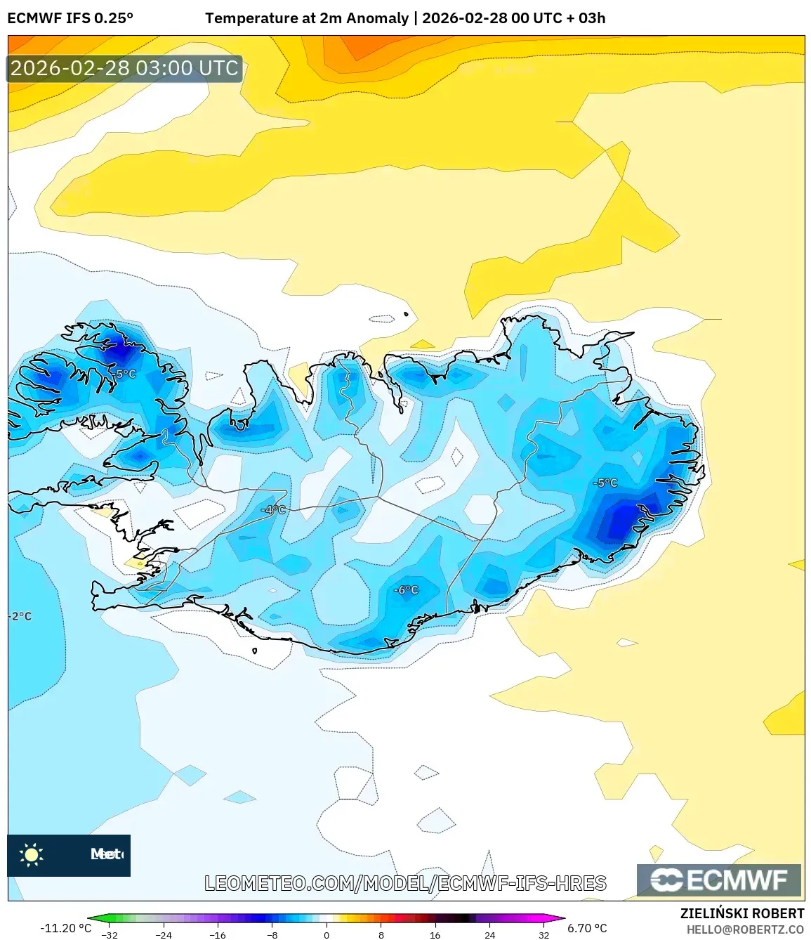ECMWF IFS 0.25° model - Islandia, Anomalía de temperatura a 2 m