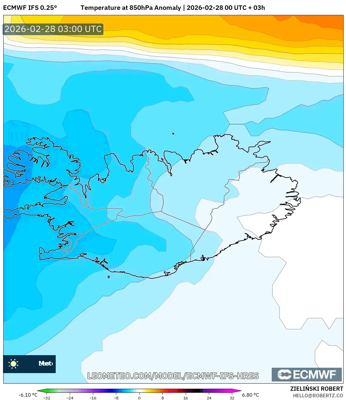 ECMWF IFS 0.25° model - Islandia, Anomalía de temperatura a 850 hPa