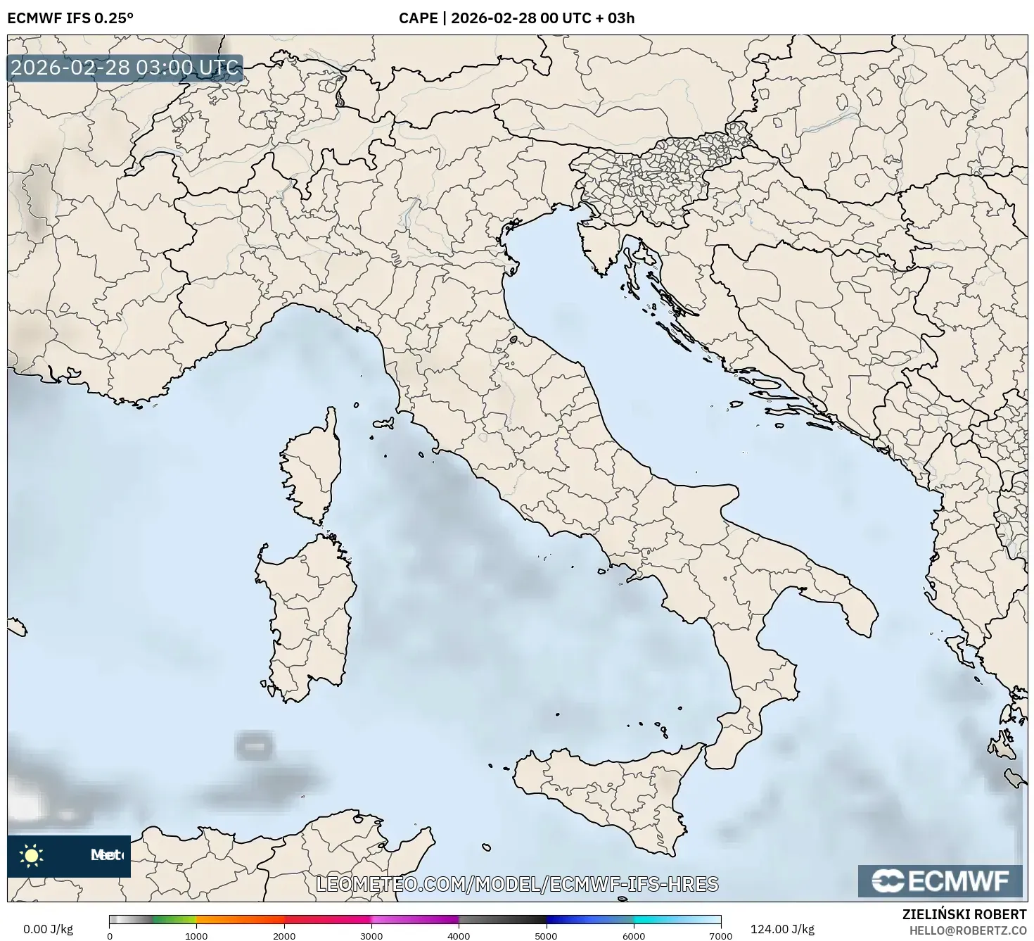 ECMWF IFS 0.25° model - Italia, CAPE