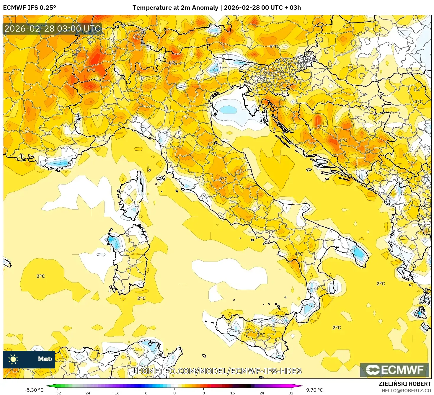 ECMWF IFS 0.25° model - Italia, Anomalía de temperatura a 2 m