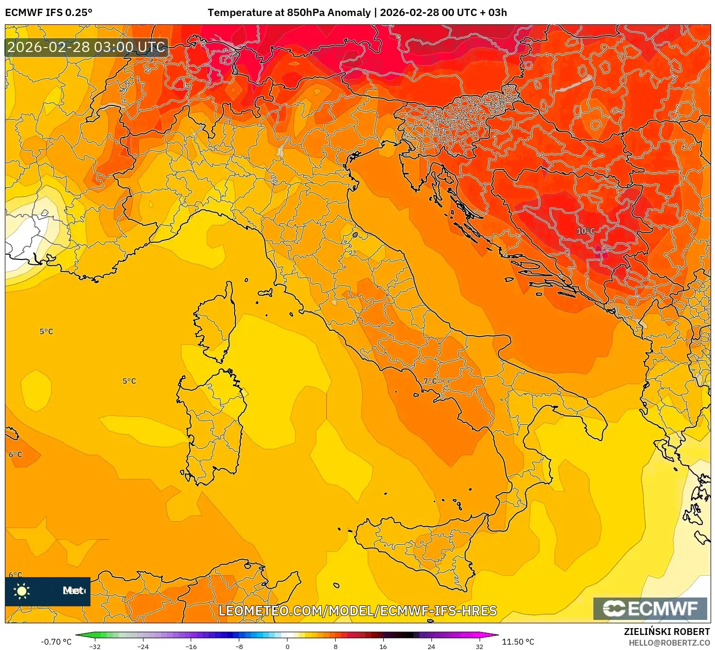 ECMWF IFS 0.25° model - Italia, Anomalía de temperatura a 850 hPa