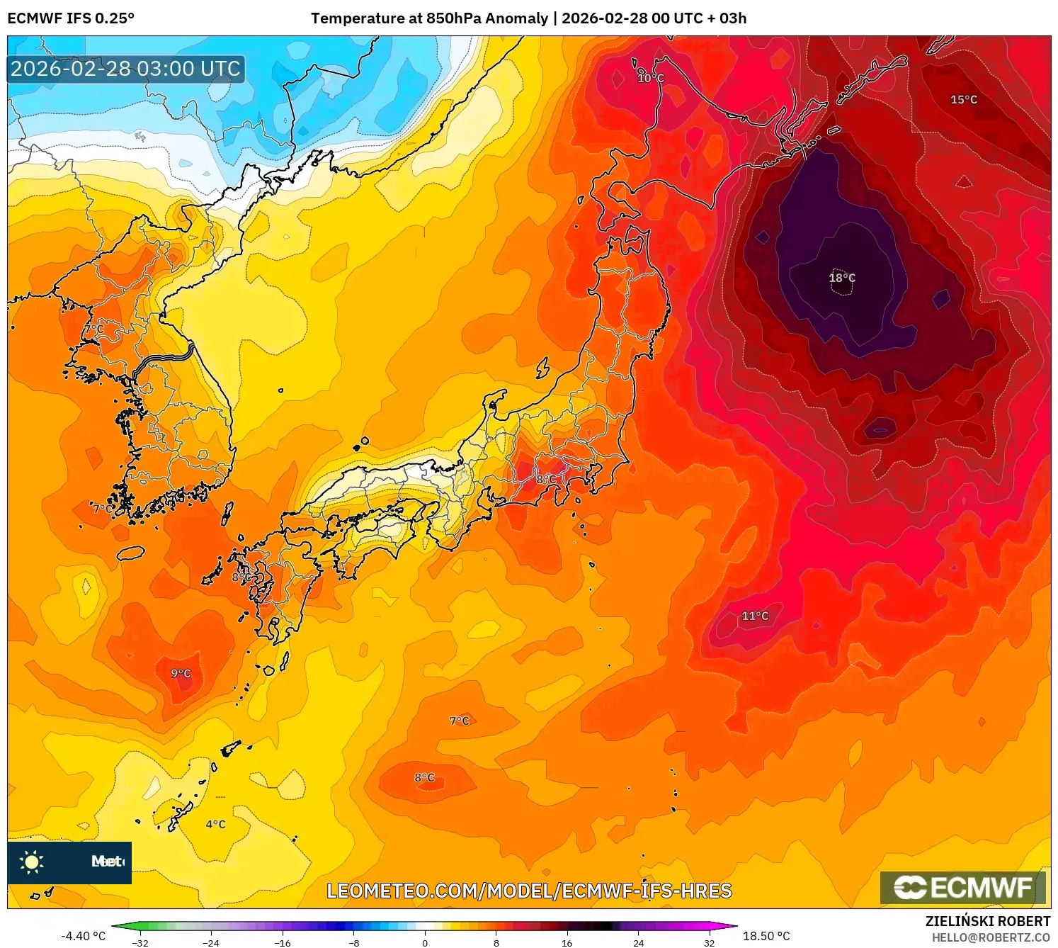 ECMWF IFS 0.25° model - Japón, Anomalía de temperatura a 850 hPa