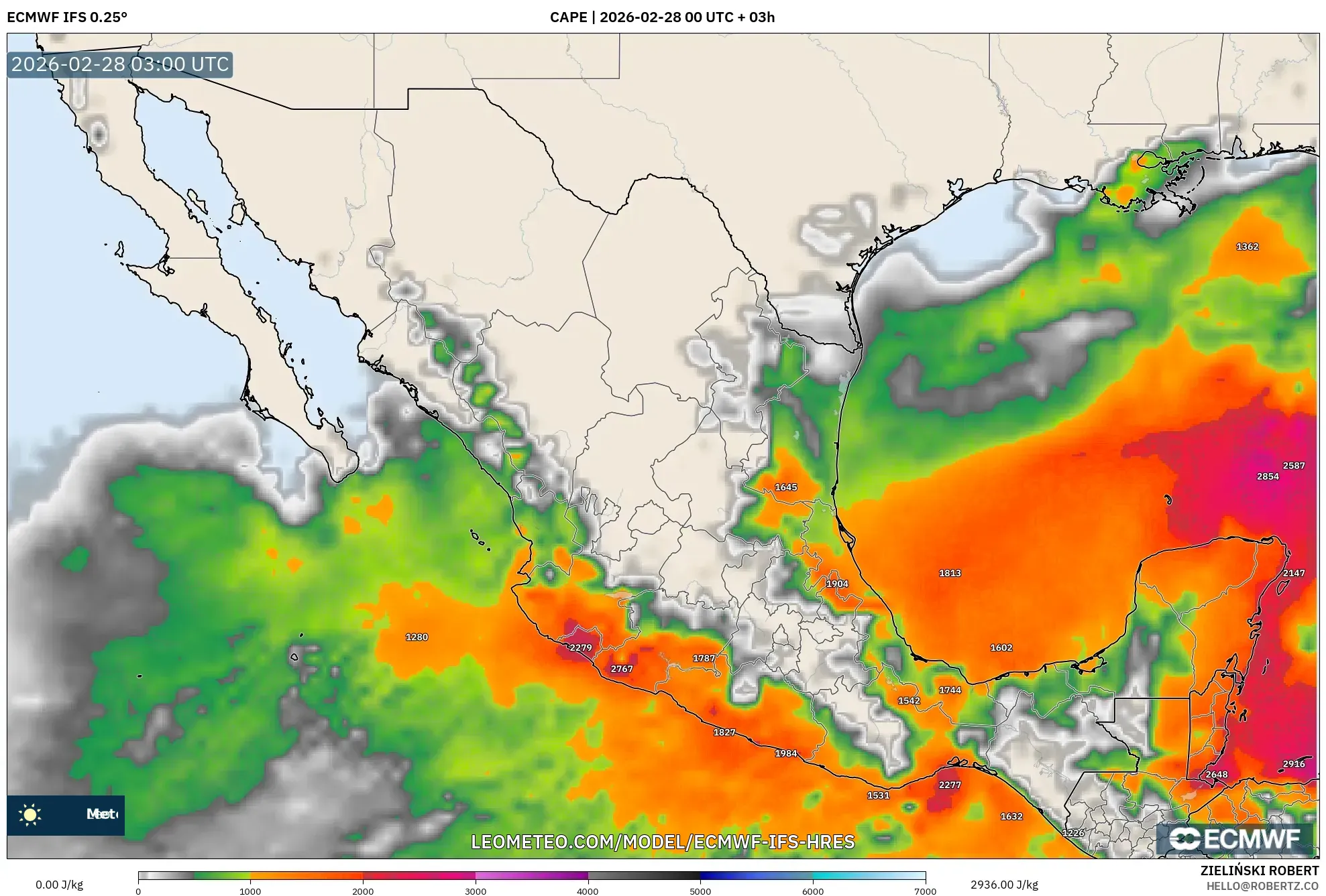 ECMWF IFS 0.25° model - México, CAPE