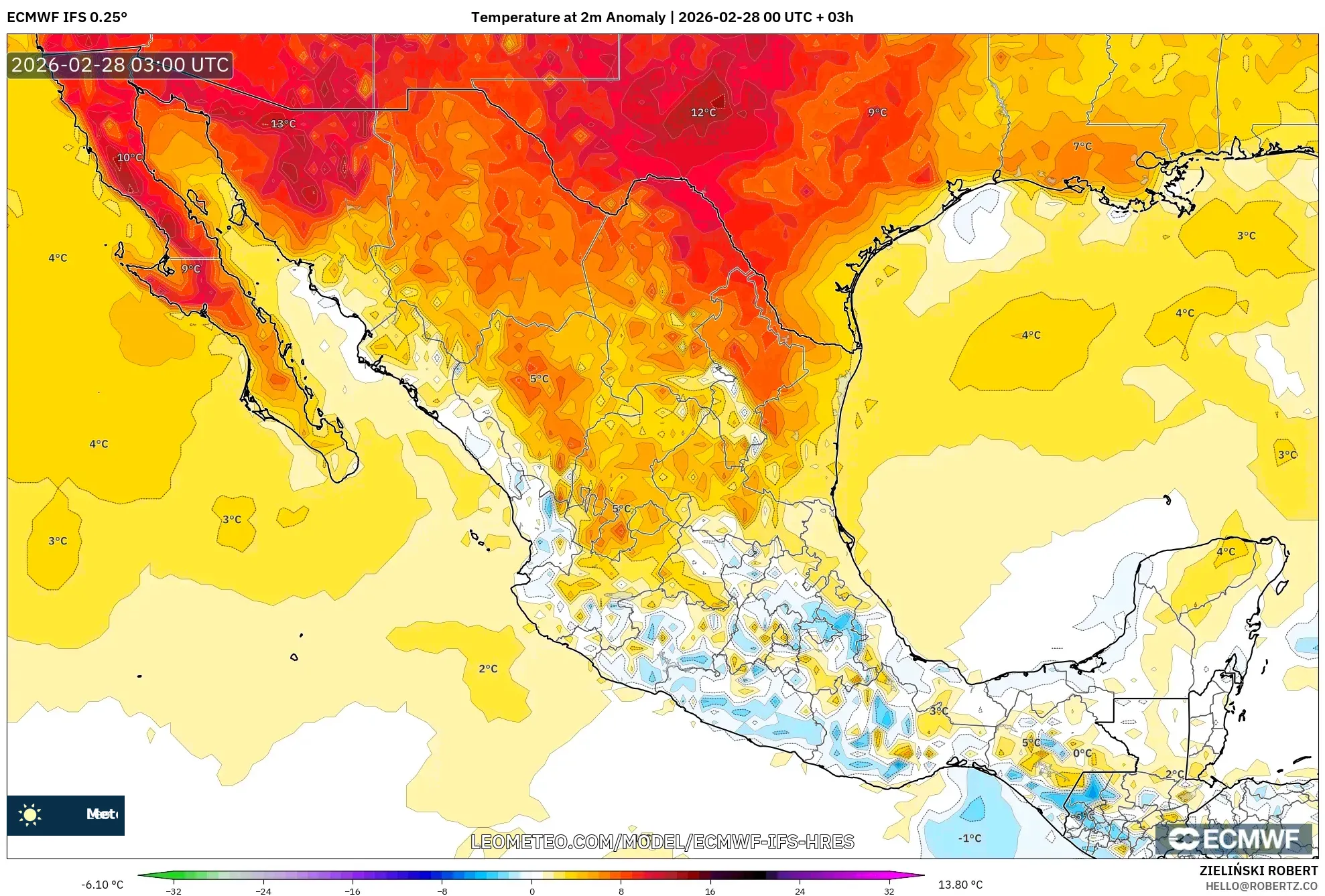 ECMWF IFS 0.25° model - México, Anomalía de temperatura a 2 m
