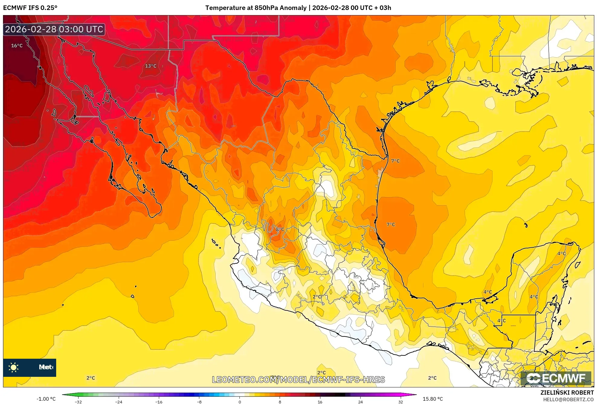 ECMWF IFS 0.25° model - México, Anomalía de temperatura a 850 hPa