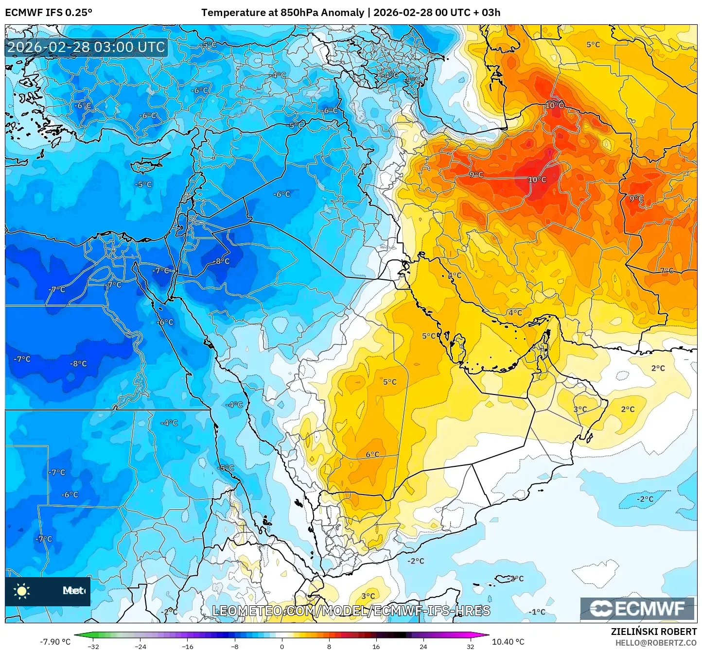 ECMWF IFS 0.25° model - Oriente Medio, Anomalía de temperatura a 850 hPa