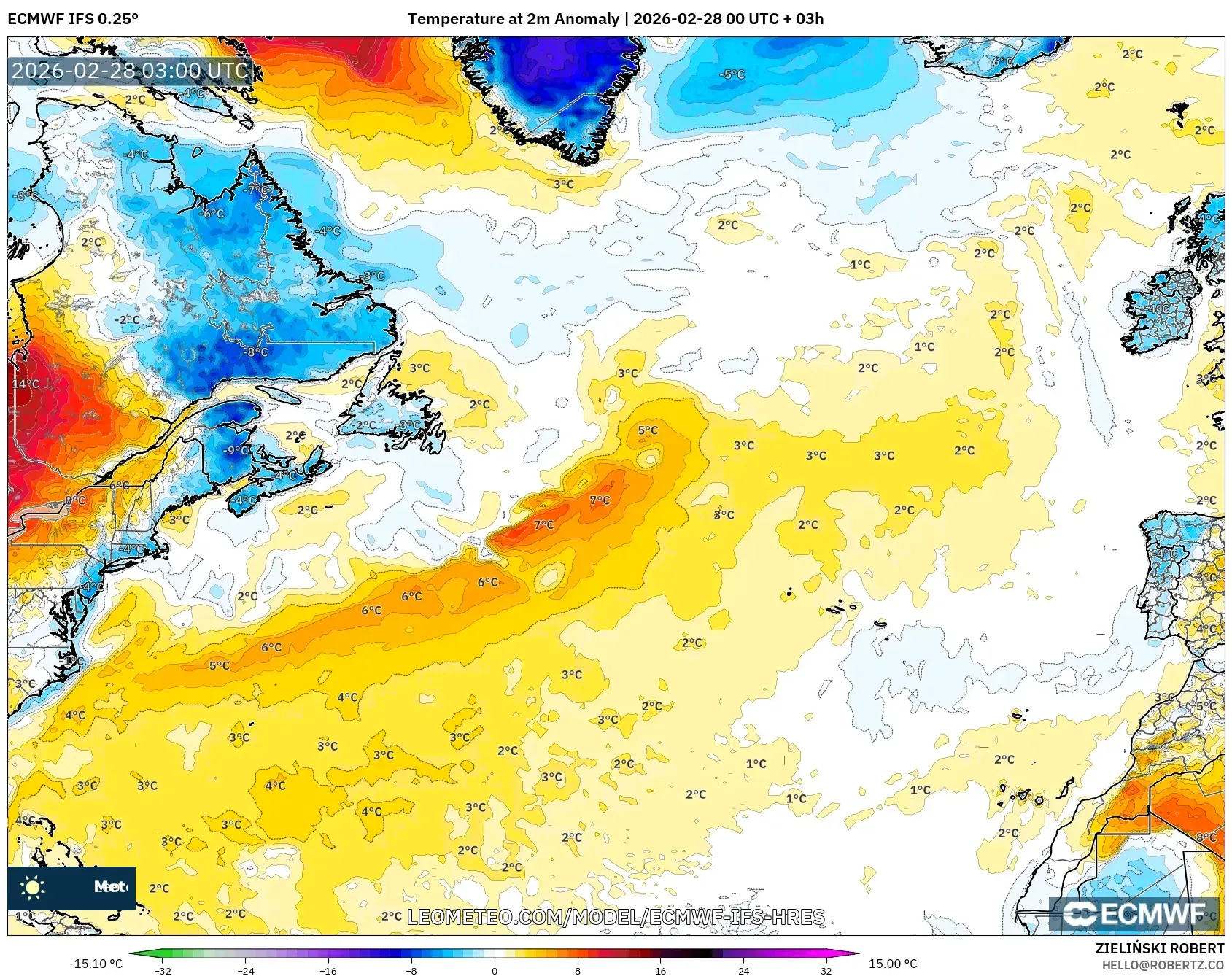 ECMWF IFS 0.25° model - Norte Atlántico, Anomalía de temperatura a 2 m
