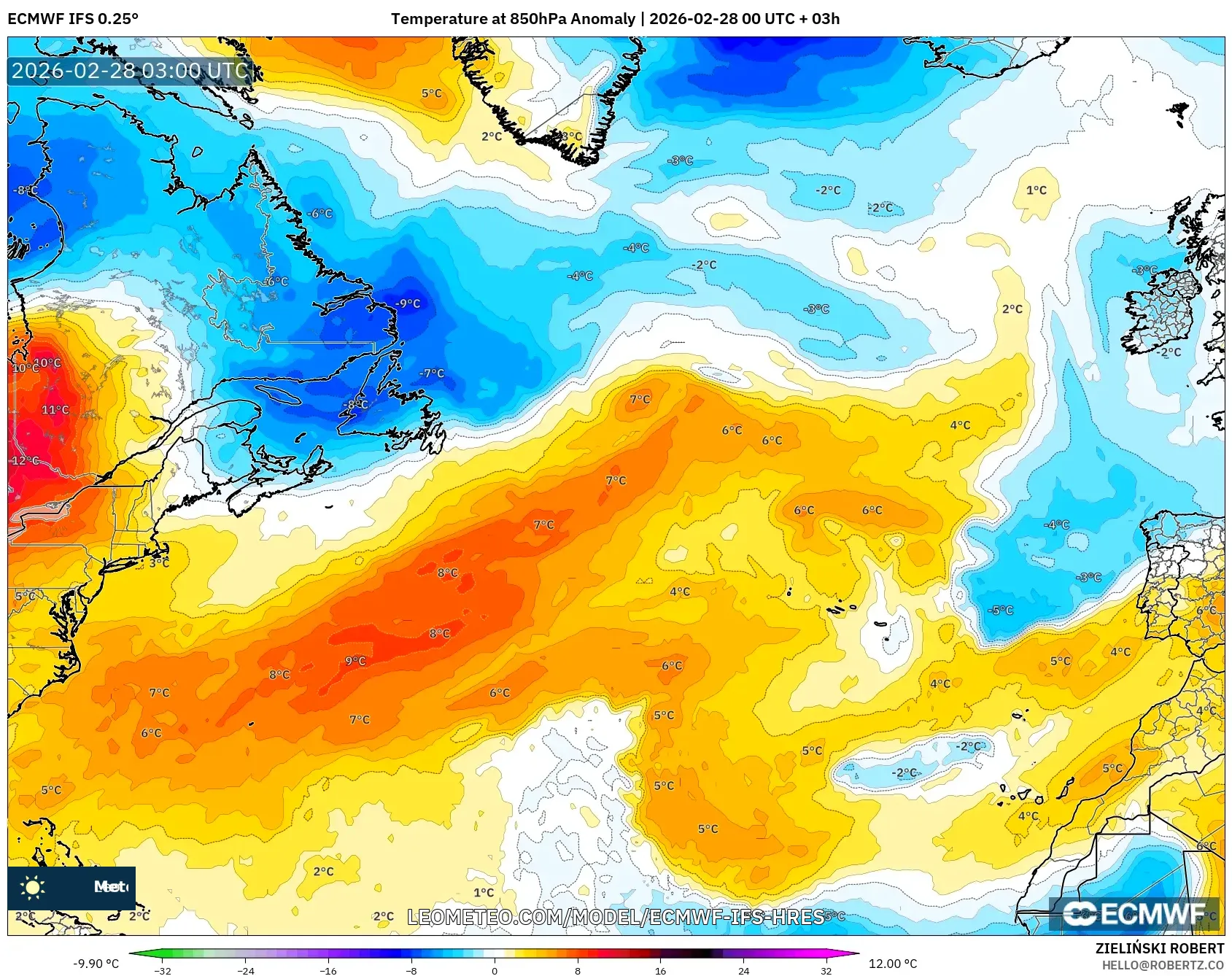 ECMWF IFS 0.25° model - Norte Atlántico, Anomalía de temperatura a 850 hPa