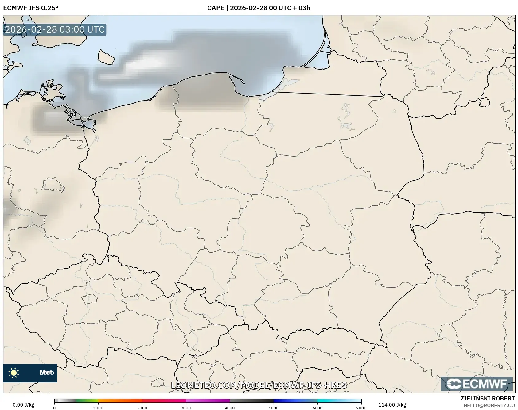 ECMWF IFS 0.25° model - Polonia, CAPE