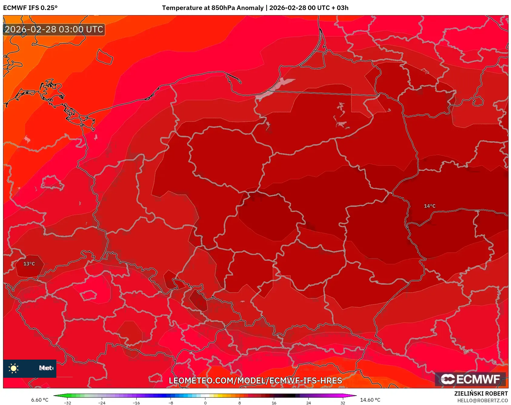 ECMWF IFS 0.25° model - Polonia, Anomalía de temperatura a 850 hPa