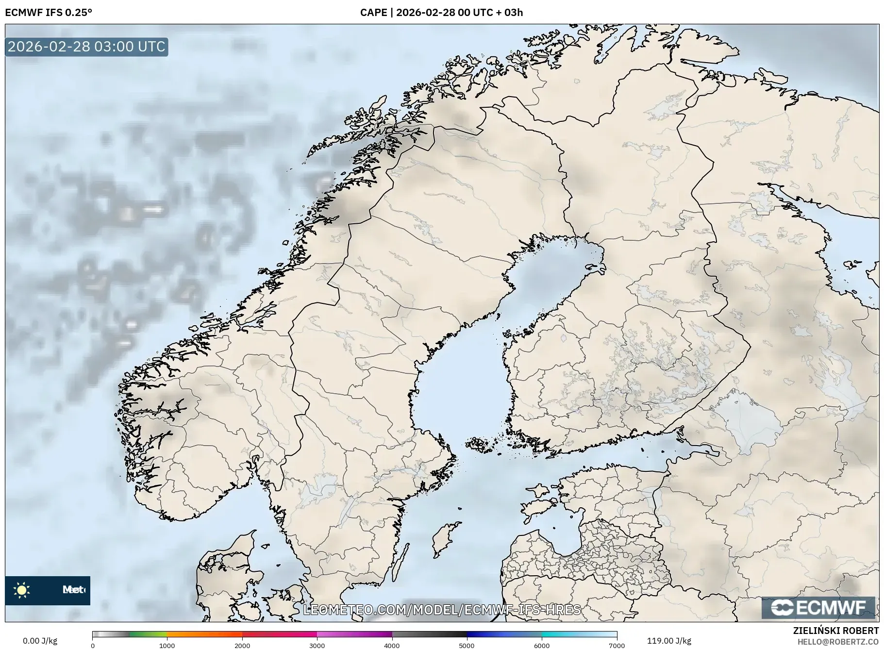 ECMWF IFS 0.25° model - Escandinavia, CAPE