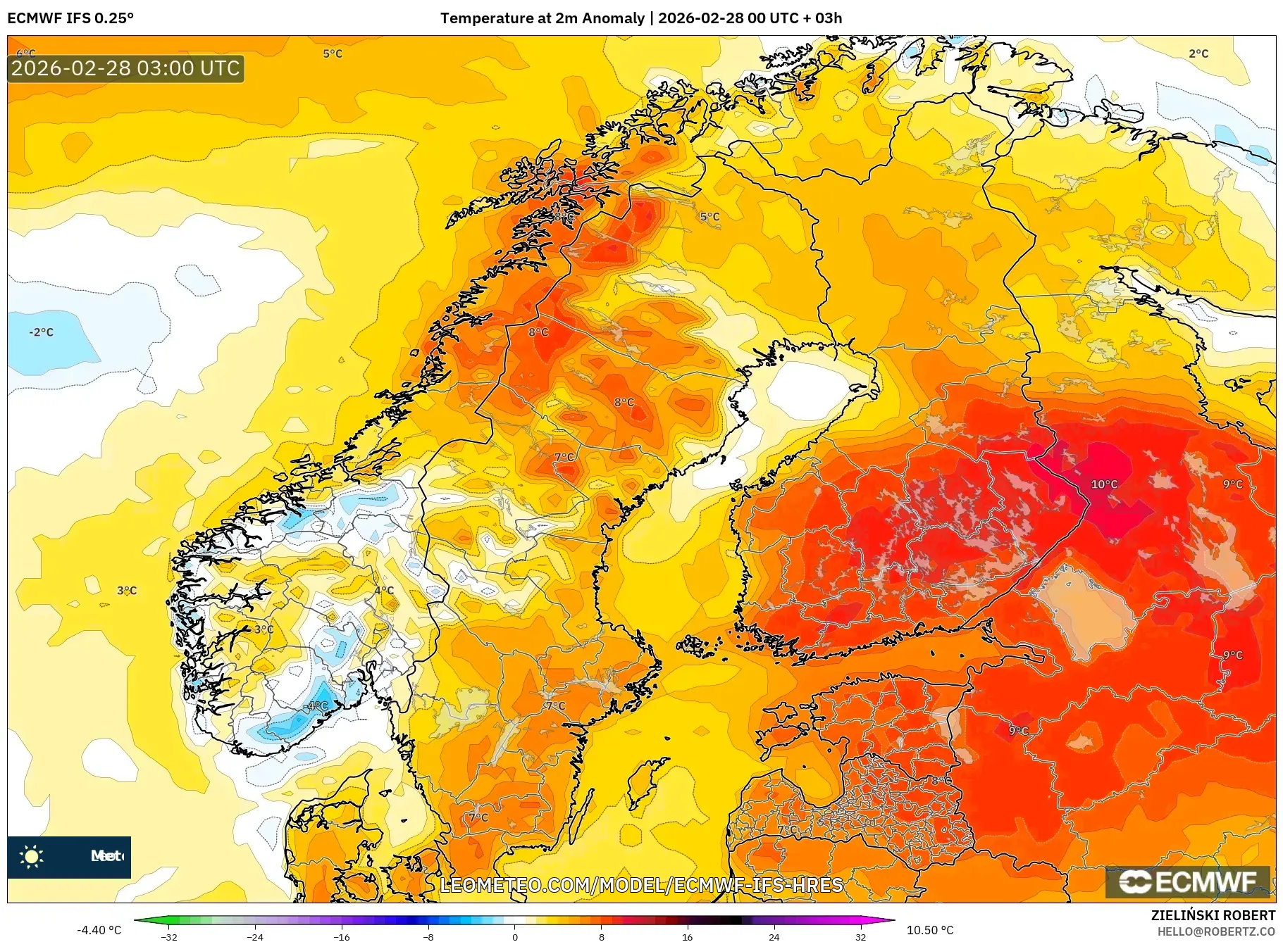 ECMWF IFS 0.25° model - Escandinavia, Anomalía de temperatura a 2 m