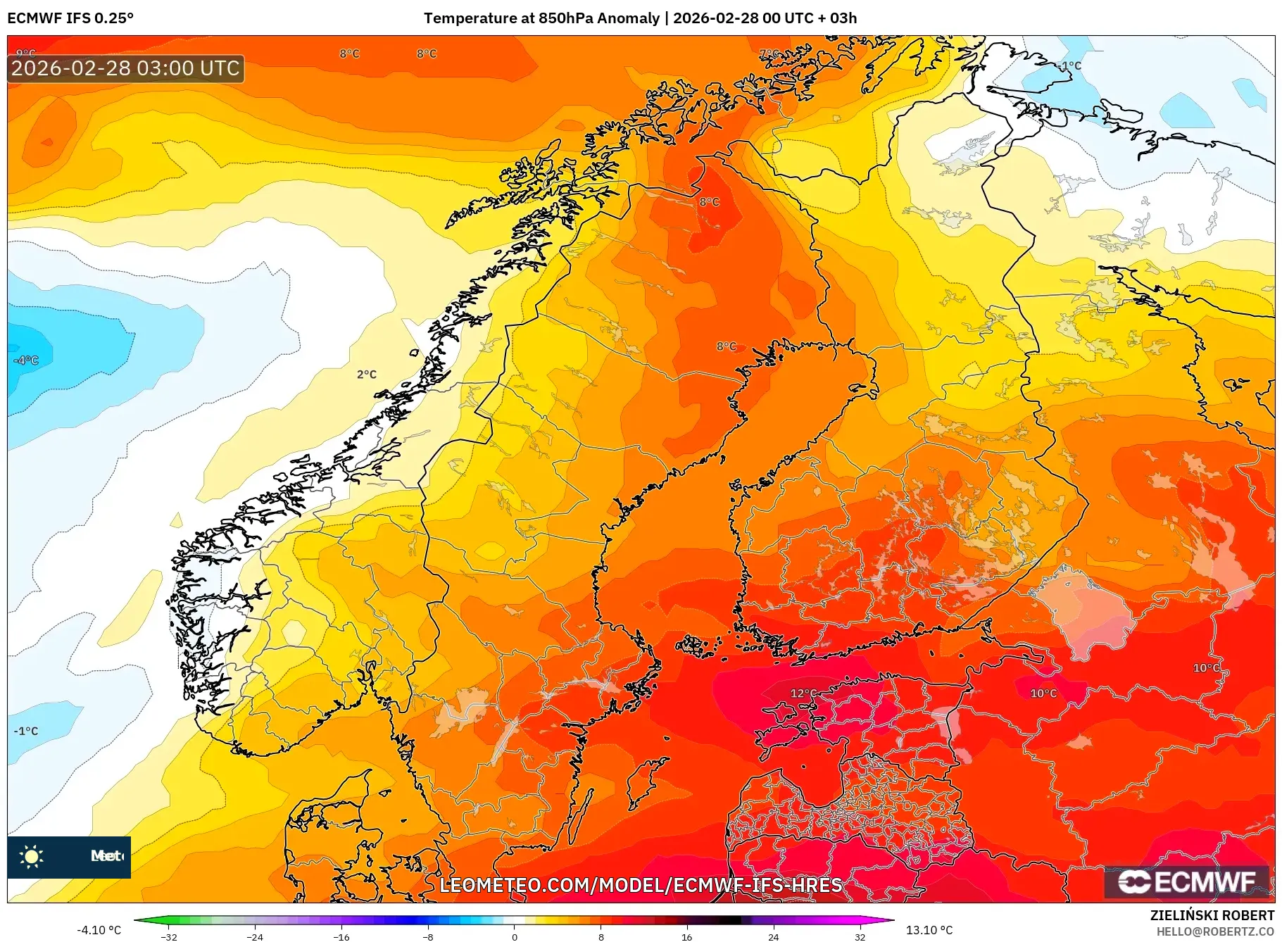 ECMWF IFS 0.25° model - Escandinavia, Anomalía de temperatura a 850 hPa