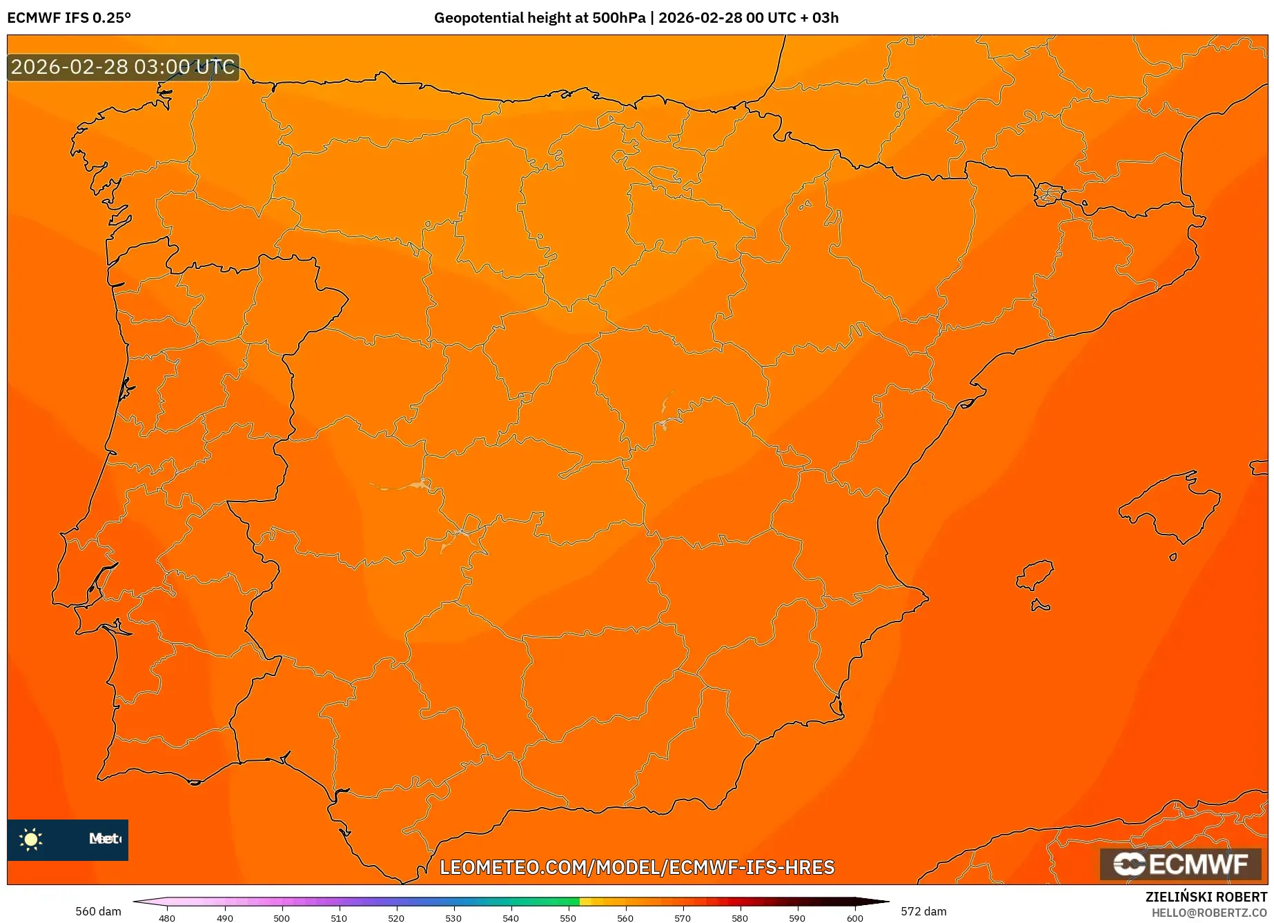 ECMWF IFS 0.25° model - España, Altura geopotencial a 500 hPa