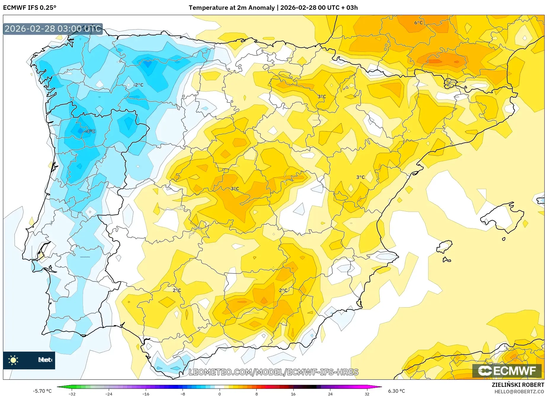 ECMWF IFS 0.25° model - España, Anomalía de temperatura a 2 m