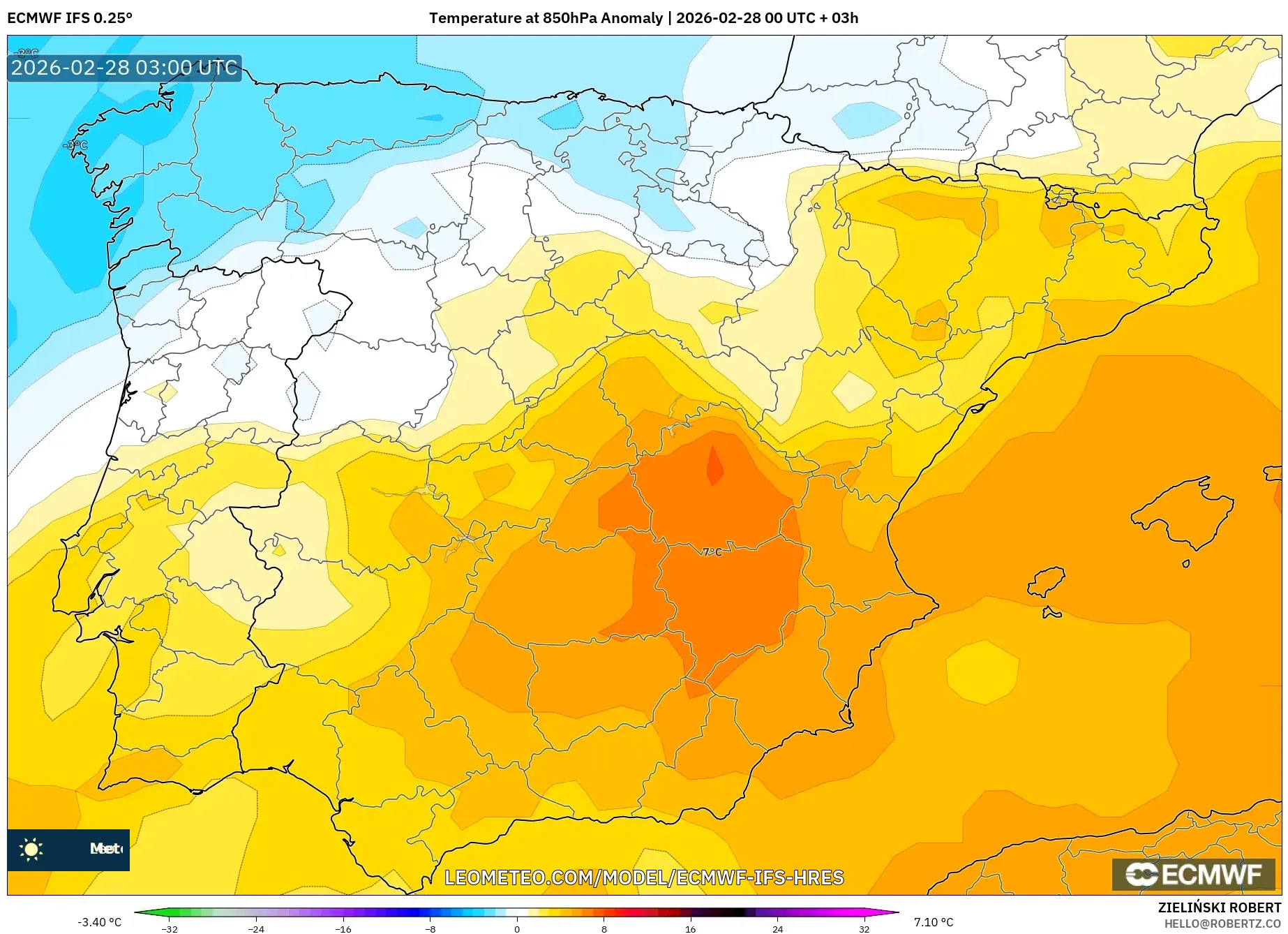 ECMWF IFS 0.25° model - España, Anomalía de temperatura a 850 hPa