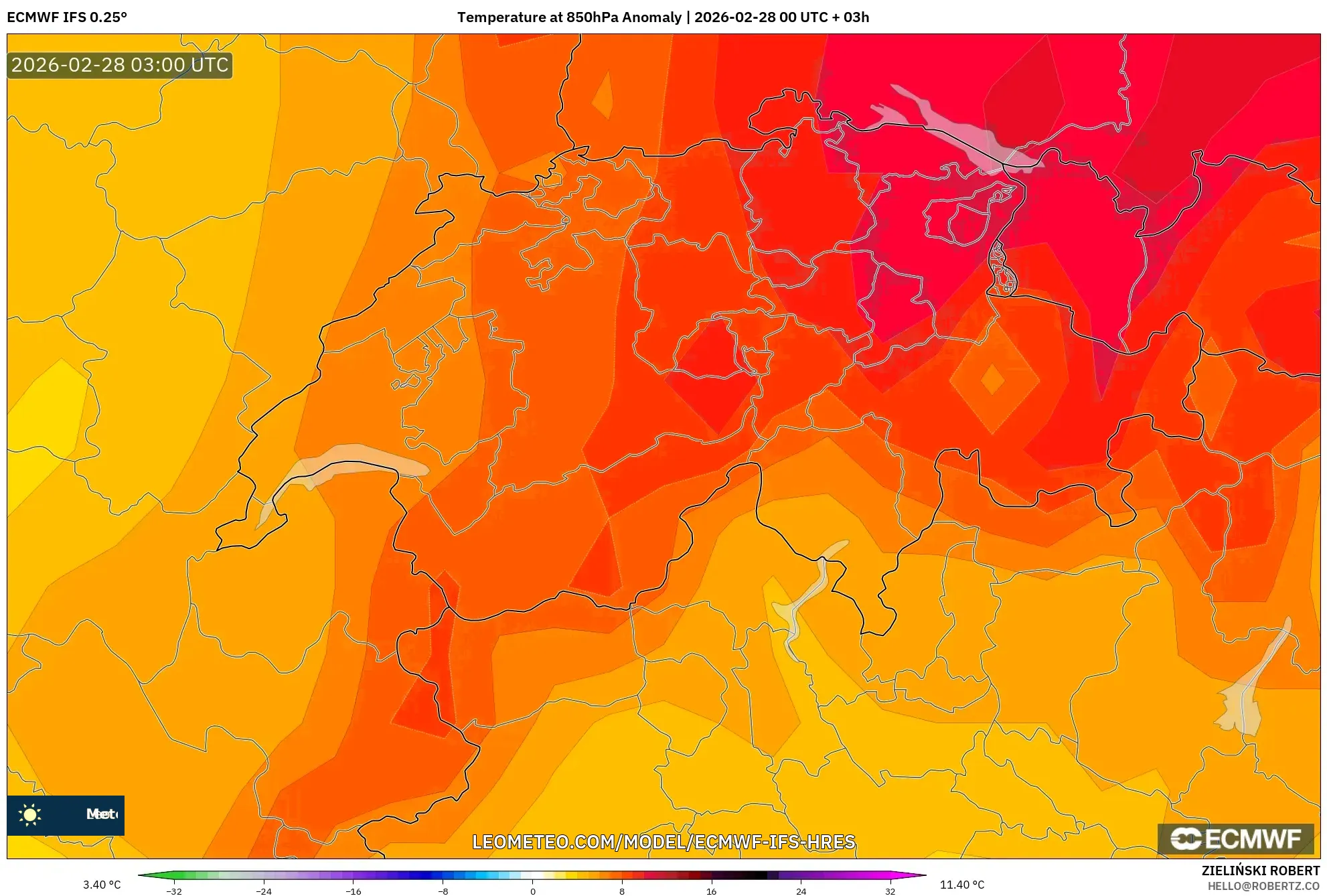 ECMWF IFS 0.25° model - Suiza, Anomalía de temperatura a 850 hPa