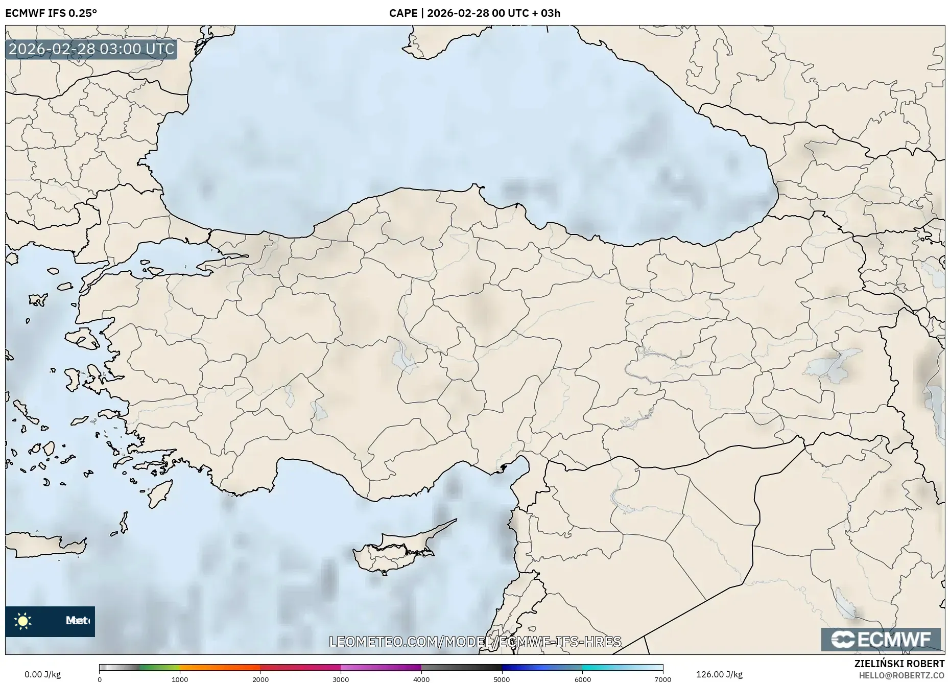 ECMWF IFS 0.25° model - Turquía, CAPE