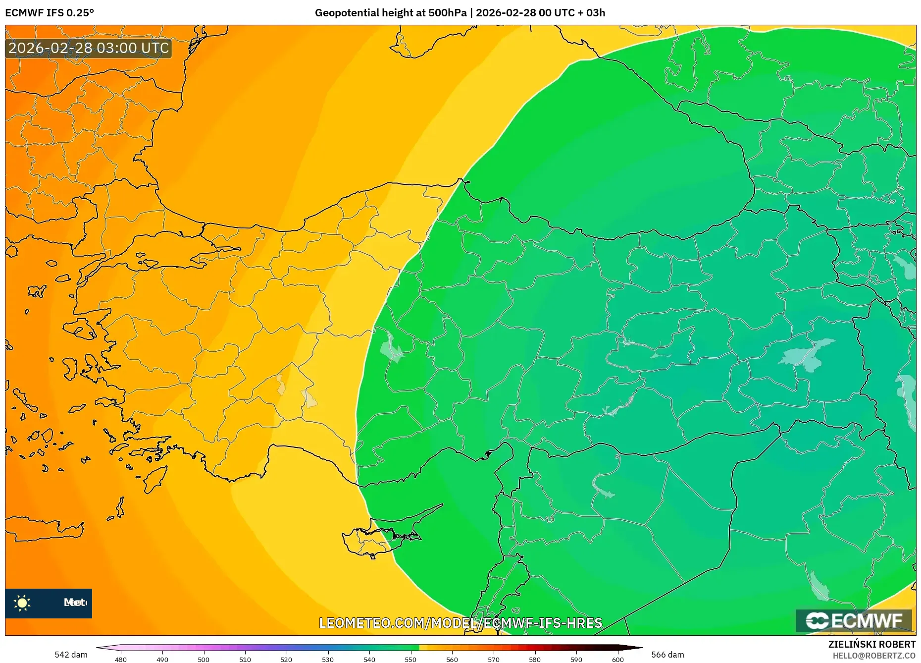 ECMWF IFS 0.25° model - Turquía, Altura geopotencial a 500 hPa