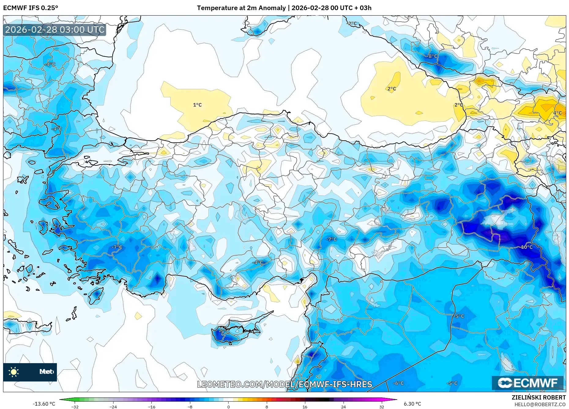 ECMWF IFS 0.25° model - Turquía, Anomalía de temperatura a 2 m