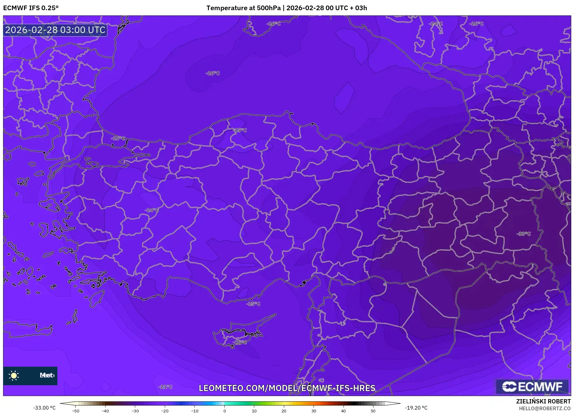 ECMWF IFS 0.25° model - Turquía, Temperatura a 500 hPa