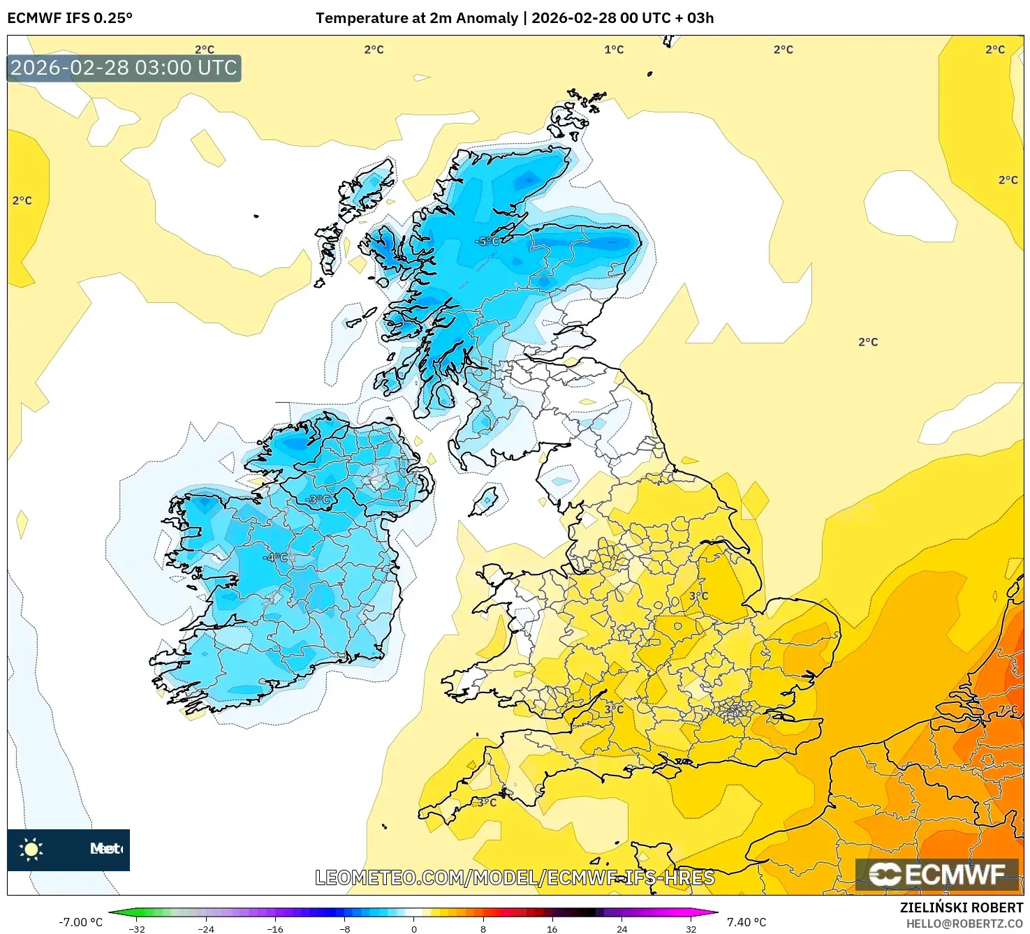 ECMWF IFS 0.25° model - Reino Unido, Anomalía de temperatura a 2 m