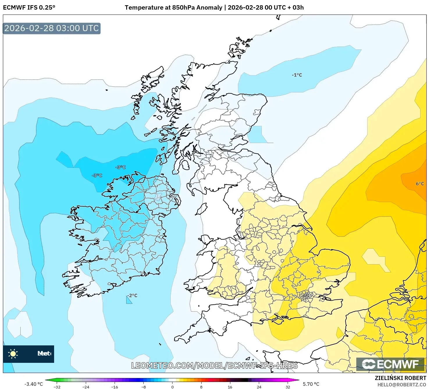 ECMWF IFS 0.25° model - Reino Unido, Anomalía de temperatura a 850 hPa