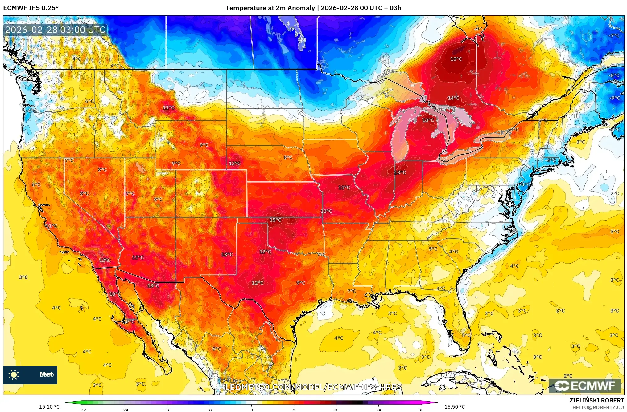 ECMWF IFS 0.25° model - Estados Unidos, Anomalía de temperatura a 2 m
