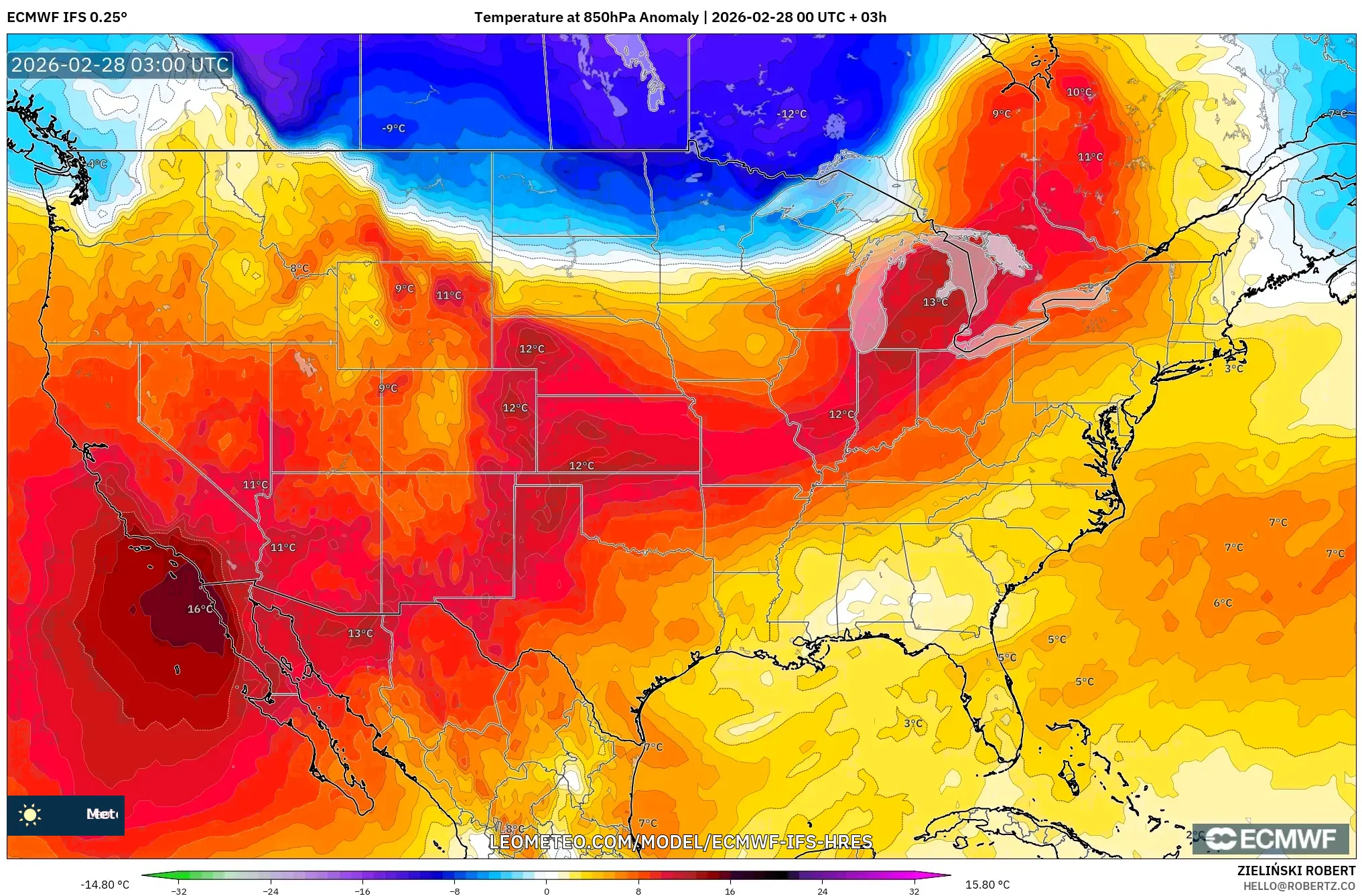 ECMWF IFS 0.25° model - Estados Unidos, Anomalía de temperatura a 850 hPa