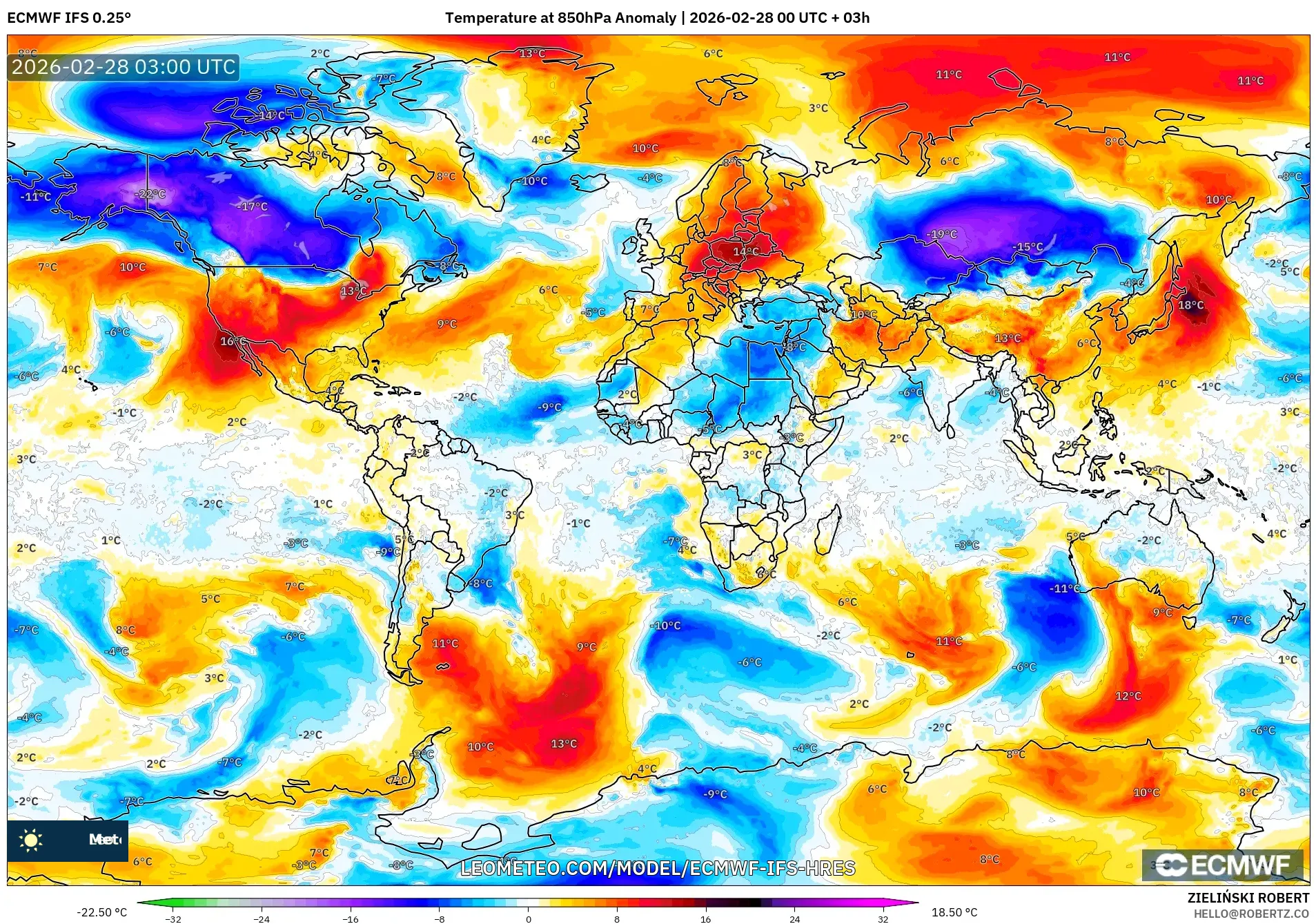 ECMWF IFS 0.25° model - Mundo, Anomalía de temperatura a 850 hPa