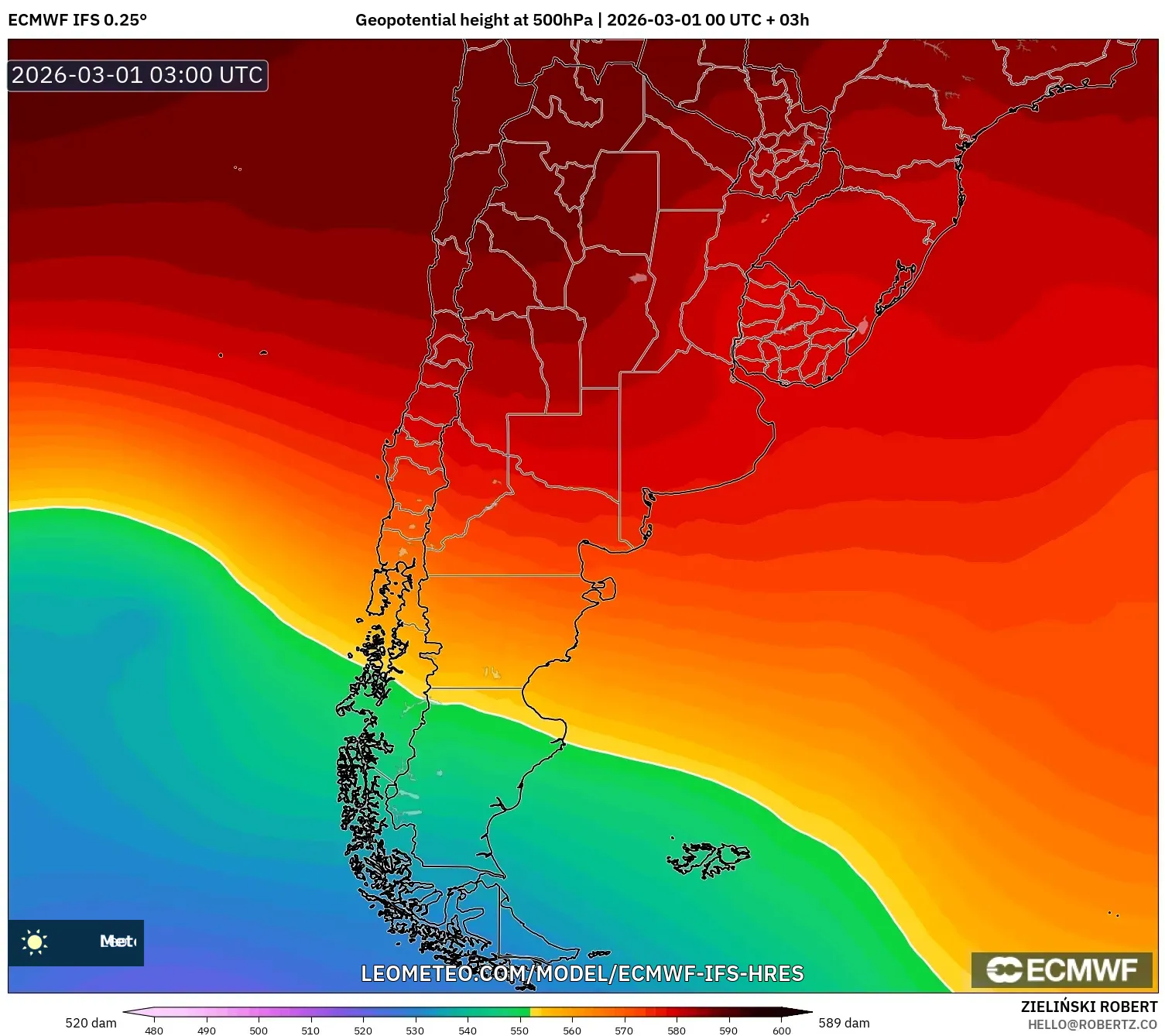 ECMWF IFS 0.25° model - Argentina, Altura geopotencial a 500 hPa