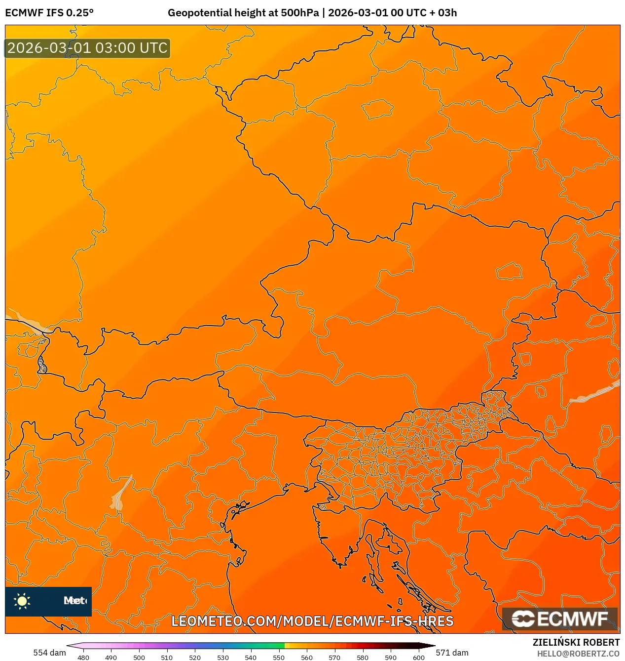 ECMWF IFS 0.25° model - Austria, Altura geopotencial a 500 hPa