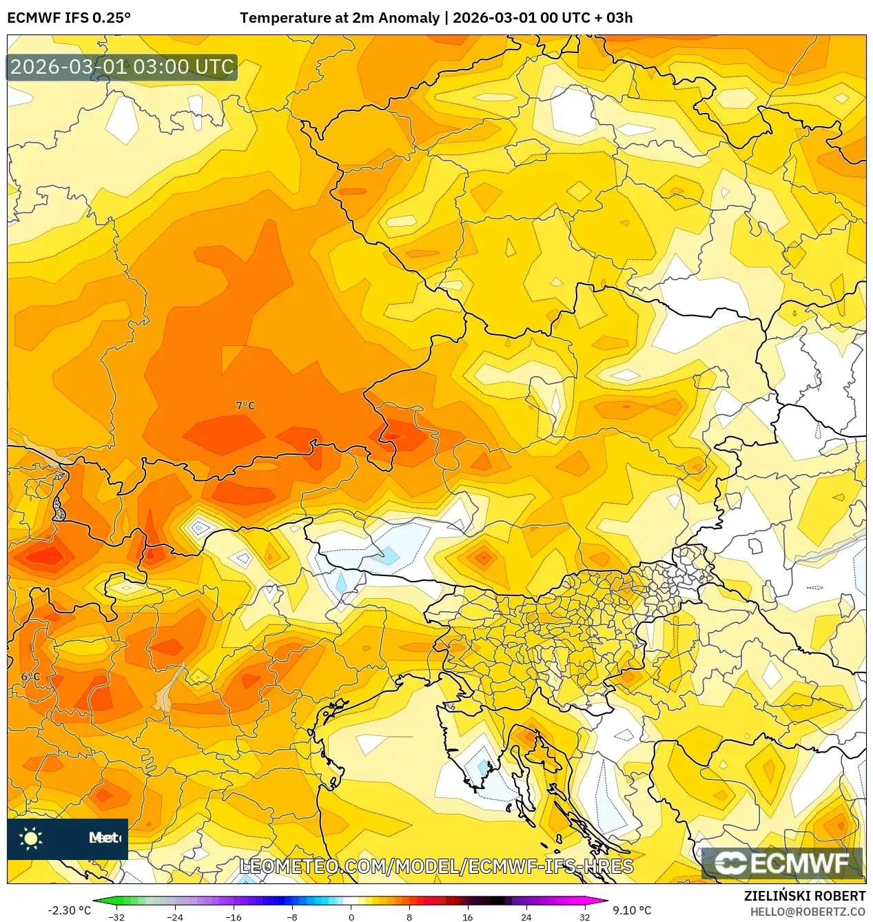 ECMWF IFS 0.25° model - Austria, Anomalía de temperatura a 2 m