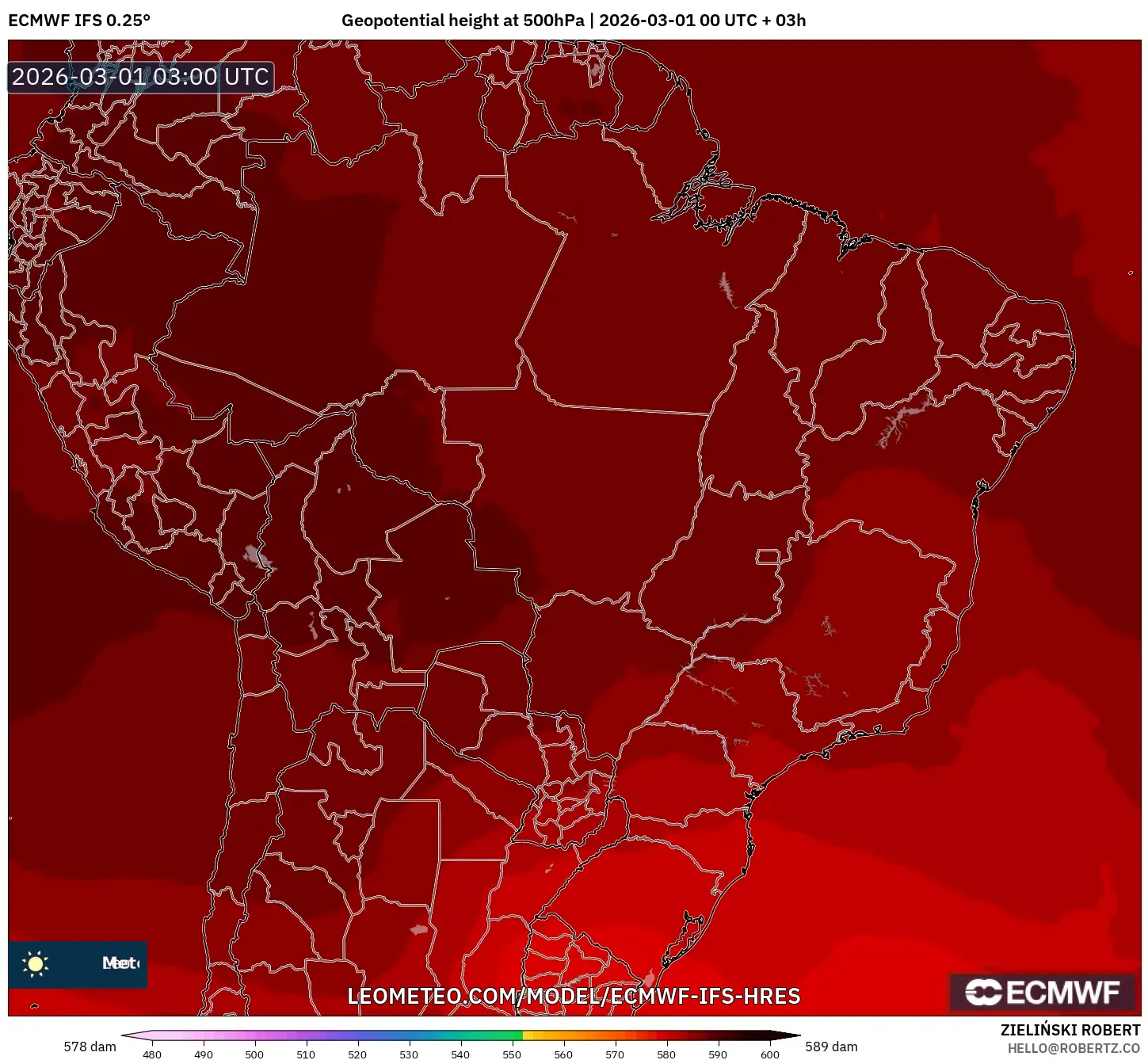 ECMWF IFS 0.25° model - Brasil, Altura geopotencial a 500 hPa