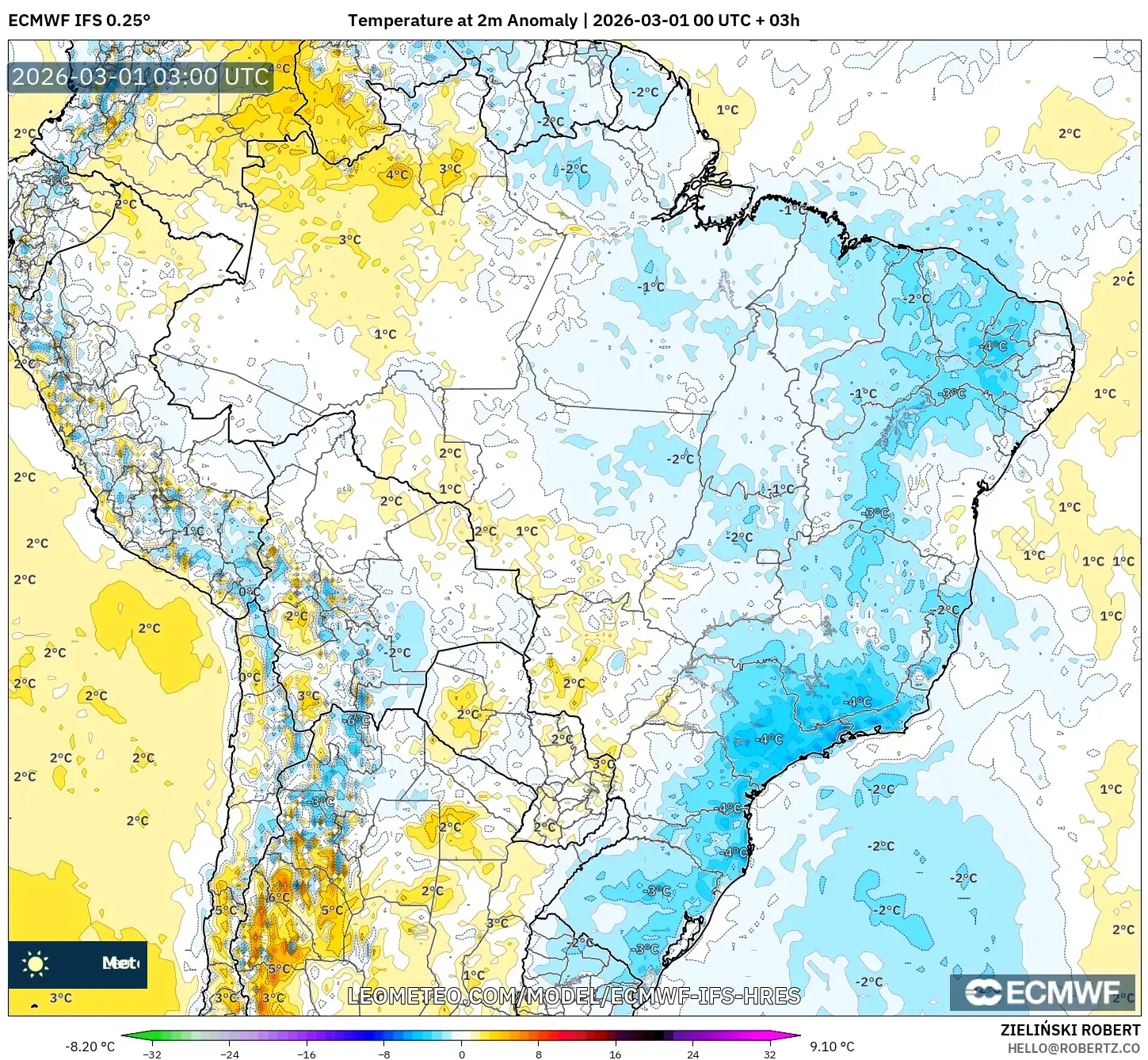ECMWF IFS 0.25° model - Brasil, Anomalía de temperatura a 2 m