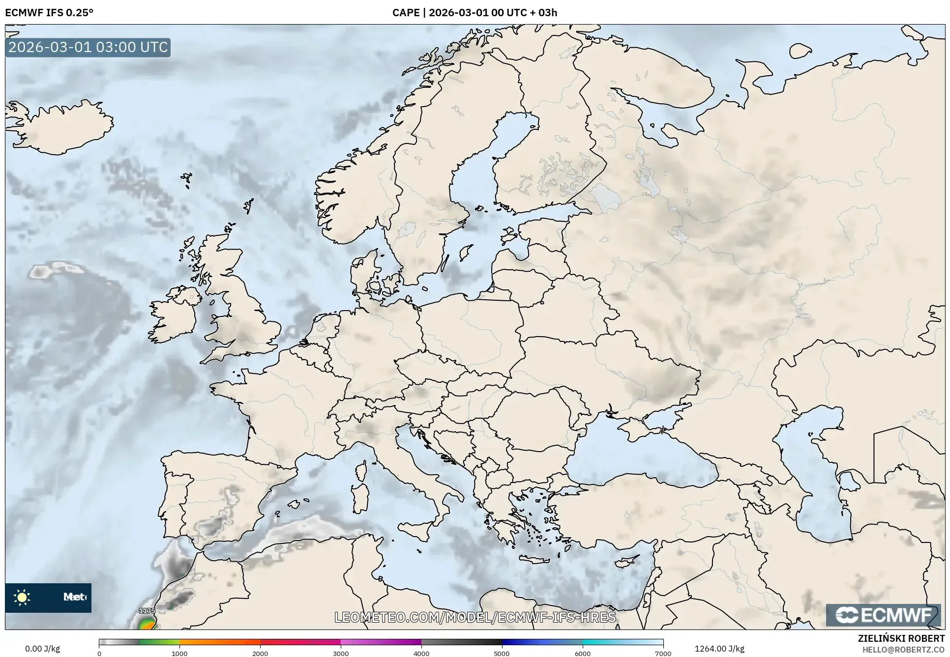 ECMWF IFS 0.25° model - Europa, CAPE
