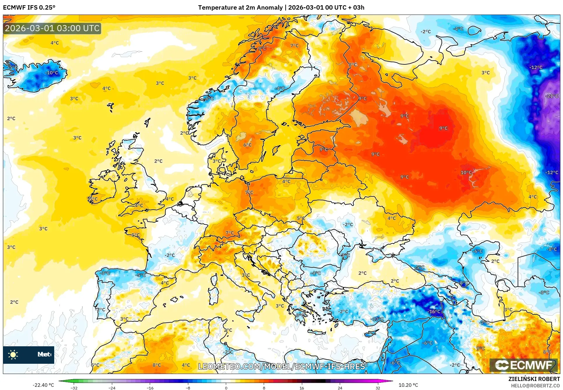 ECMWF IFS 0.25° model - Europa, Anomalía de temperatura a 2 m