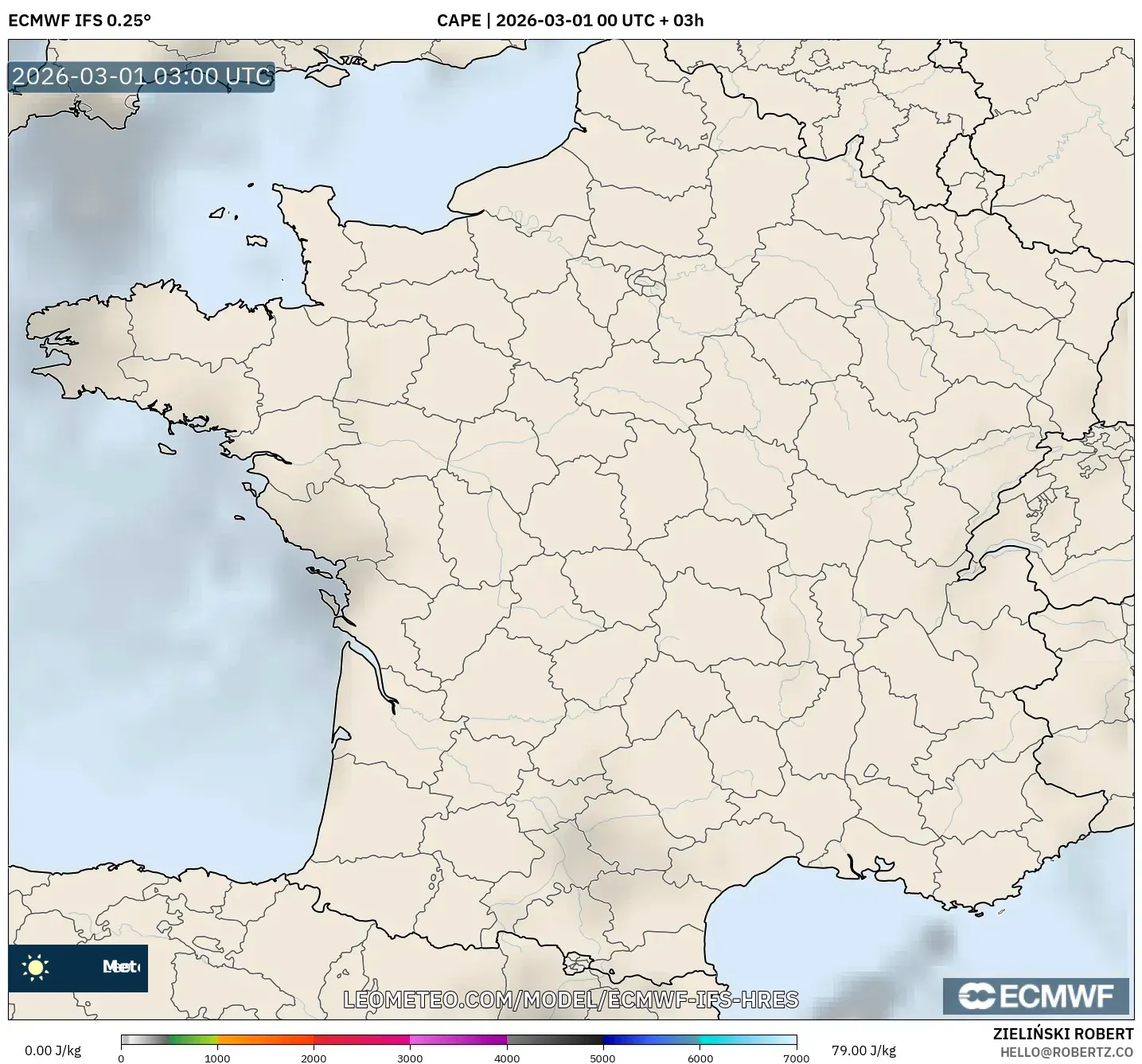 ECMWF IFS 0.25° model - Francia, CAPE