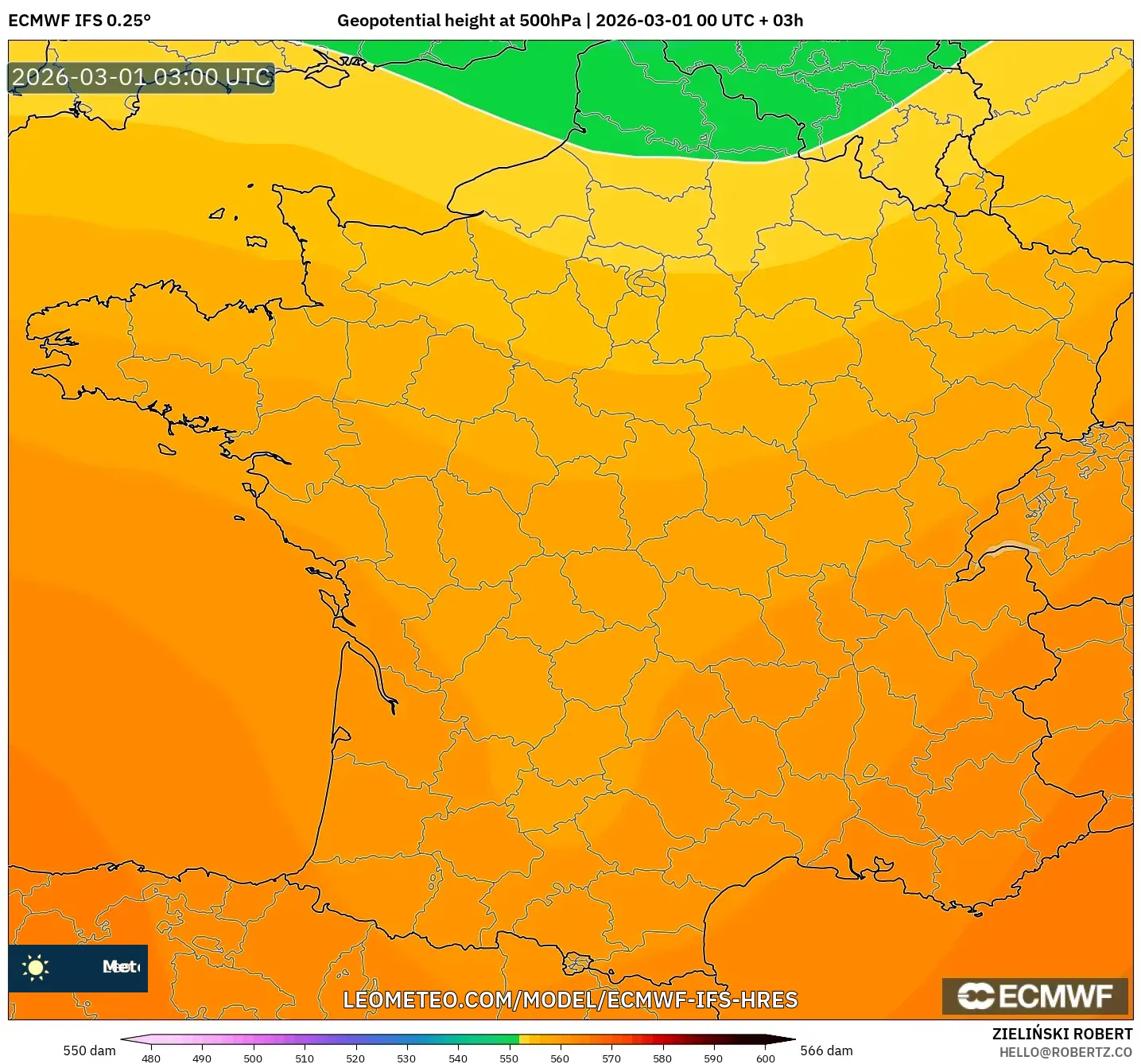 ECMWF IFS 0.25° model - Francia, Altura geopotencial a 500 hPa