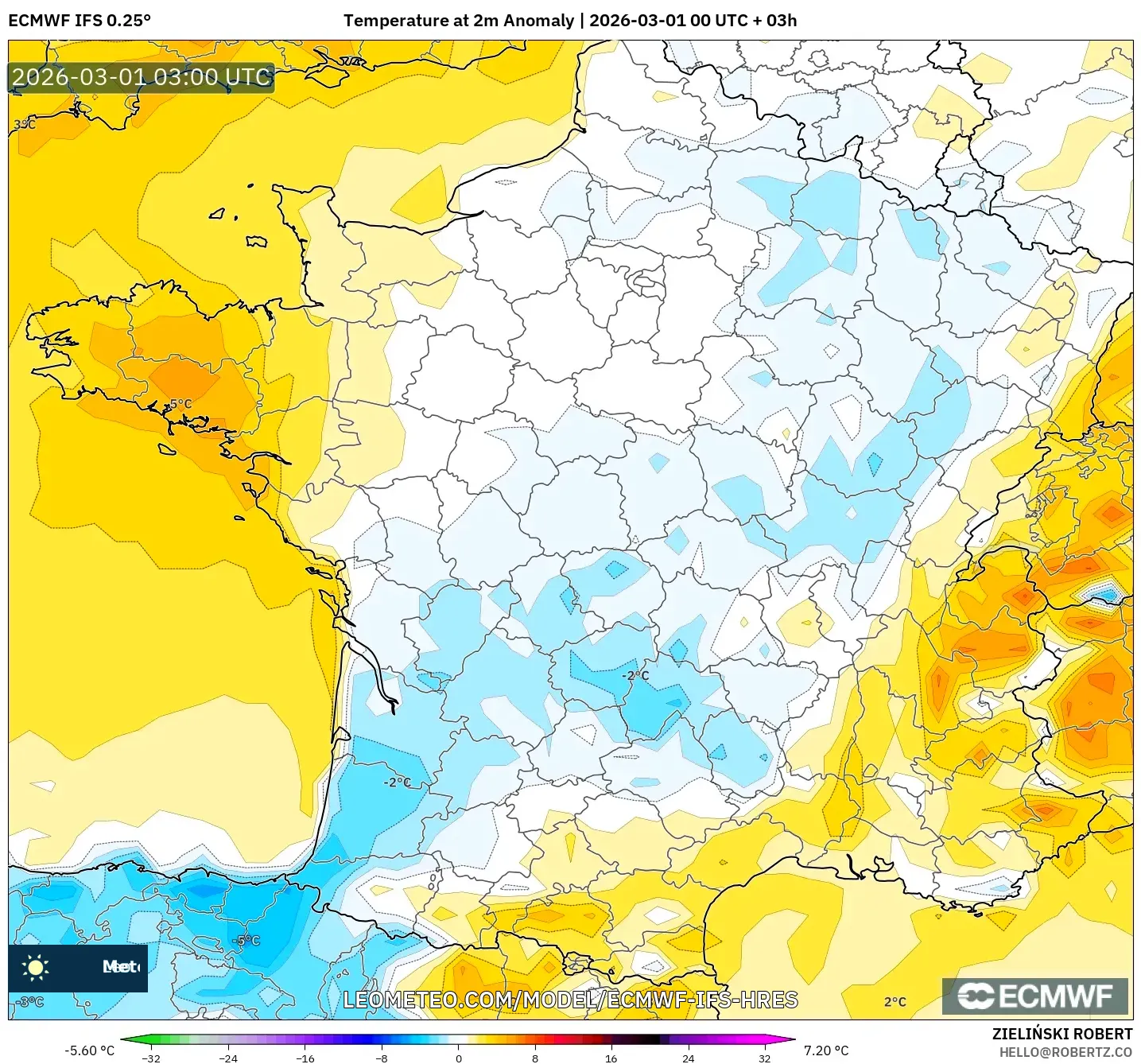 ECMWF IFS 0.25° model - Francia, Anomalía de temperatura a 2 m