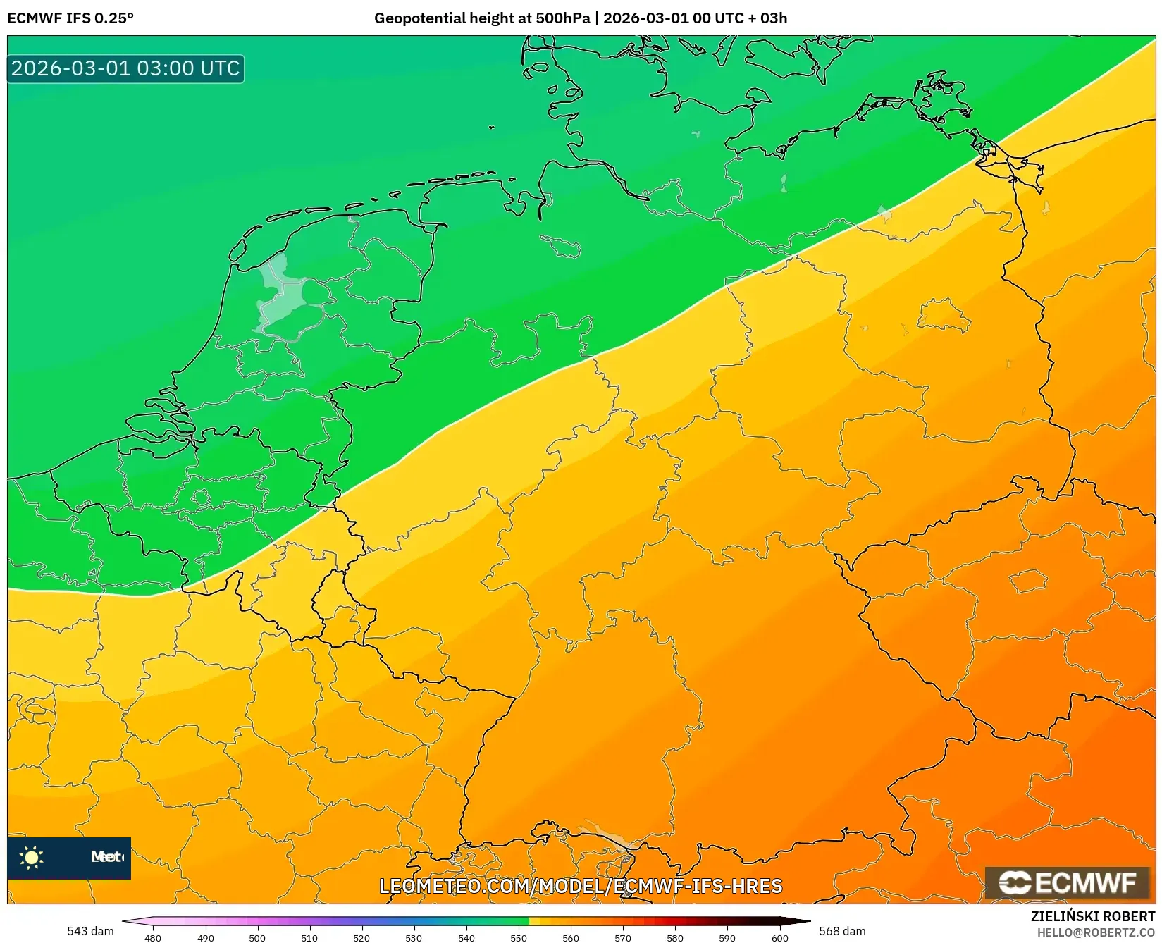 ECMWF IFS 0.25° model - Alemania, Altura geopotencial a 500 hPa