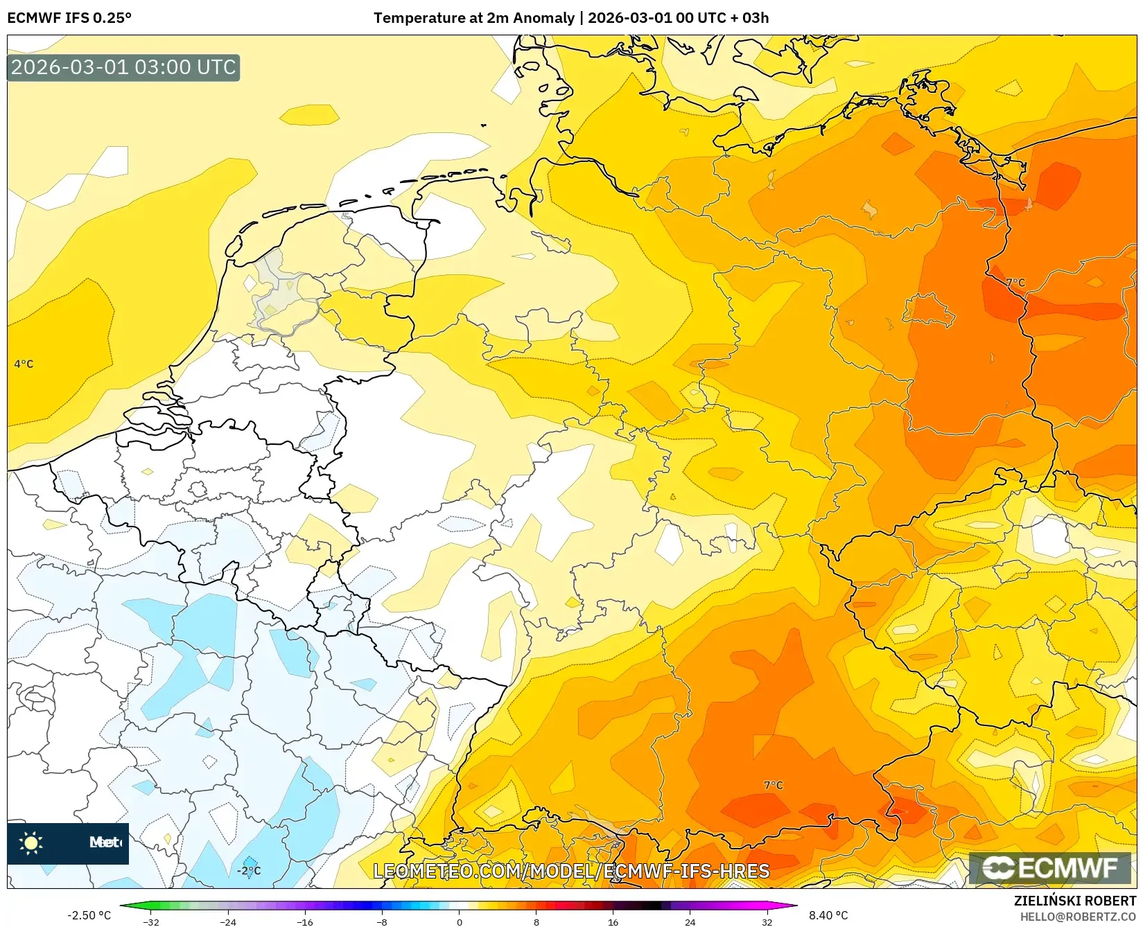 ECMWF IFS 0.25° model - Alemania, Anomalía de temperatura a 2 m