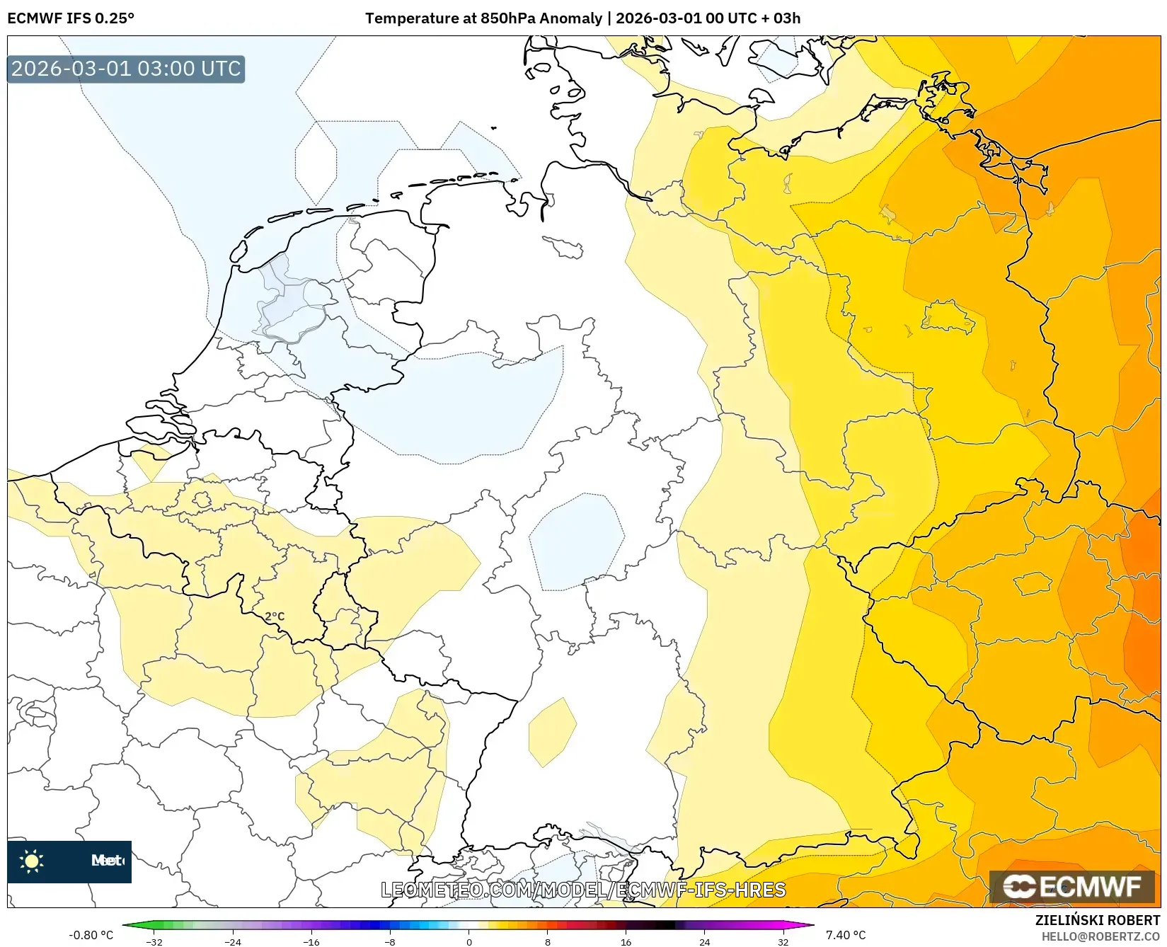 ECMWF IFS 0.25° model - Alemania, Anomalía de temperatura a 850 hPa