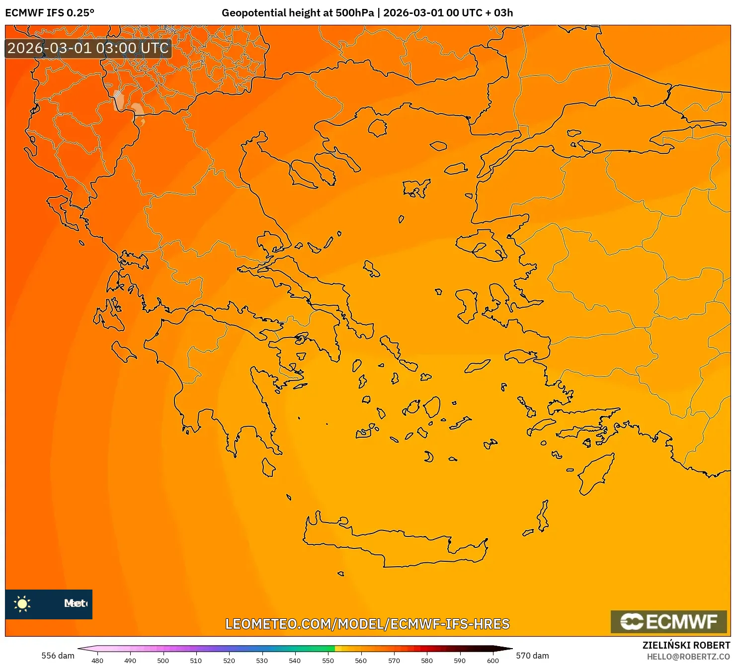 ECMWF IFS 0.25° model - Grecia, Altura geopotencial a 500 hPa