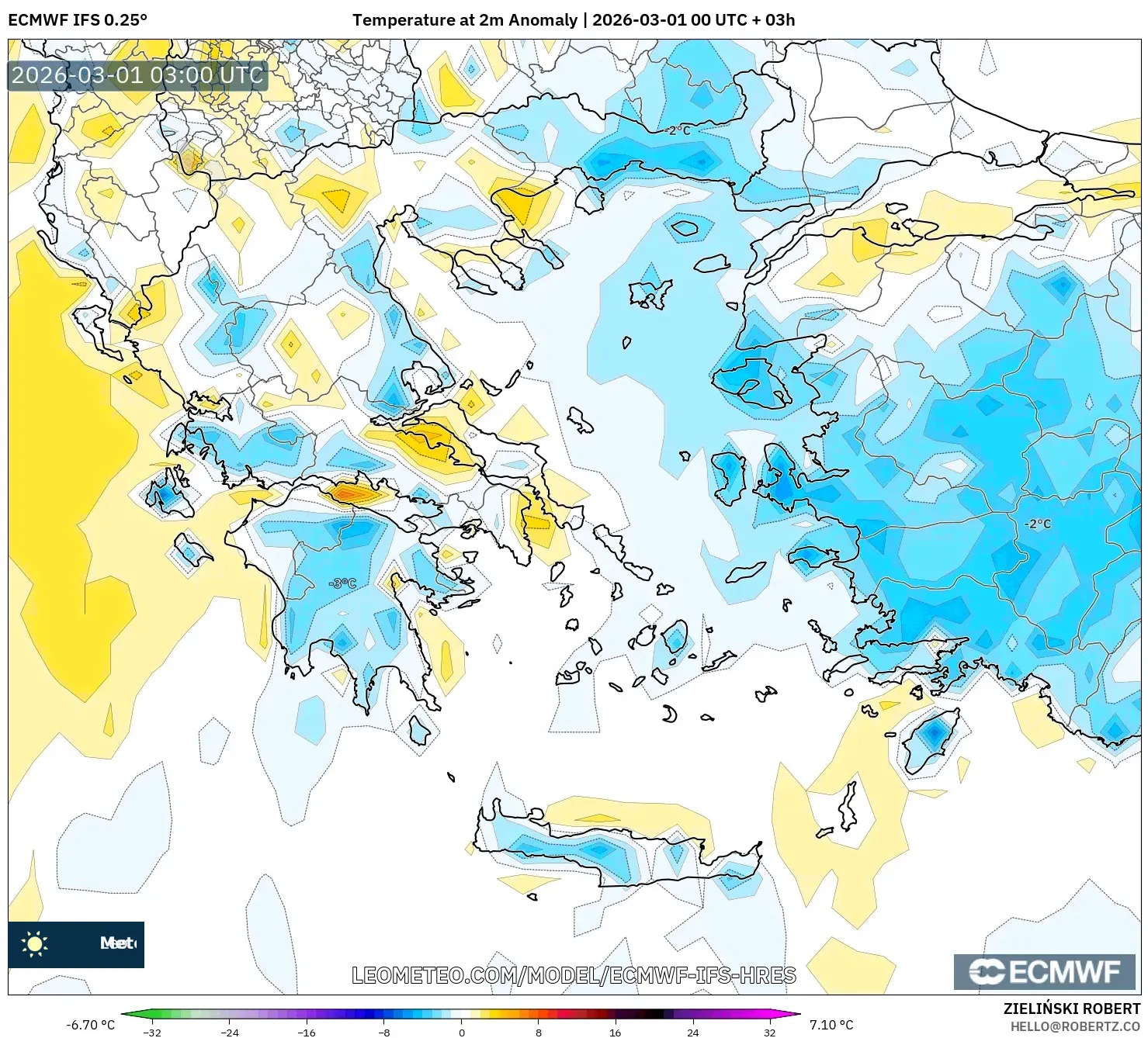 ECMWF IFS 0.25° model - Grecia, Anomalía de temperatura a 2 m