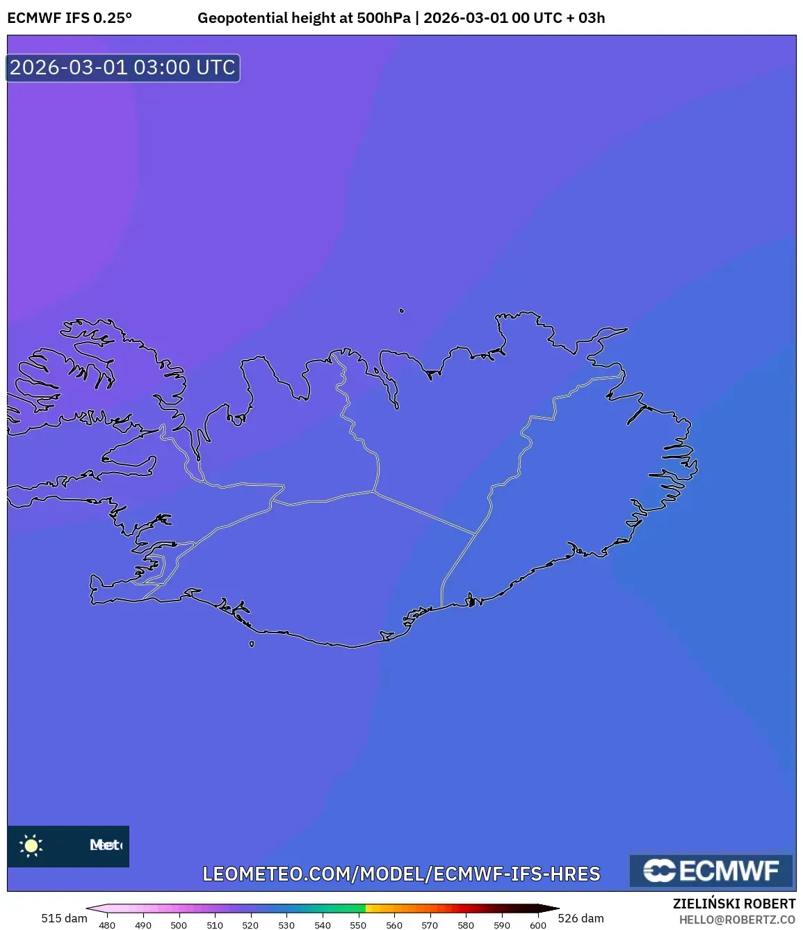 ECMWF IFS 0.25° model - Islandia, Altura geopotencial a 500 hPa