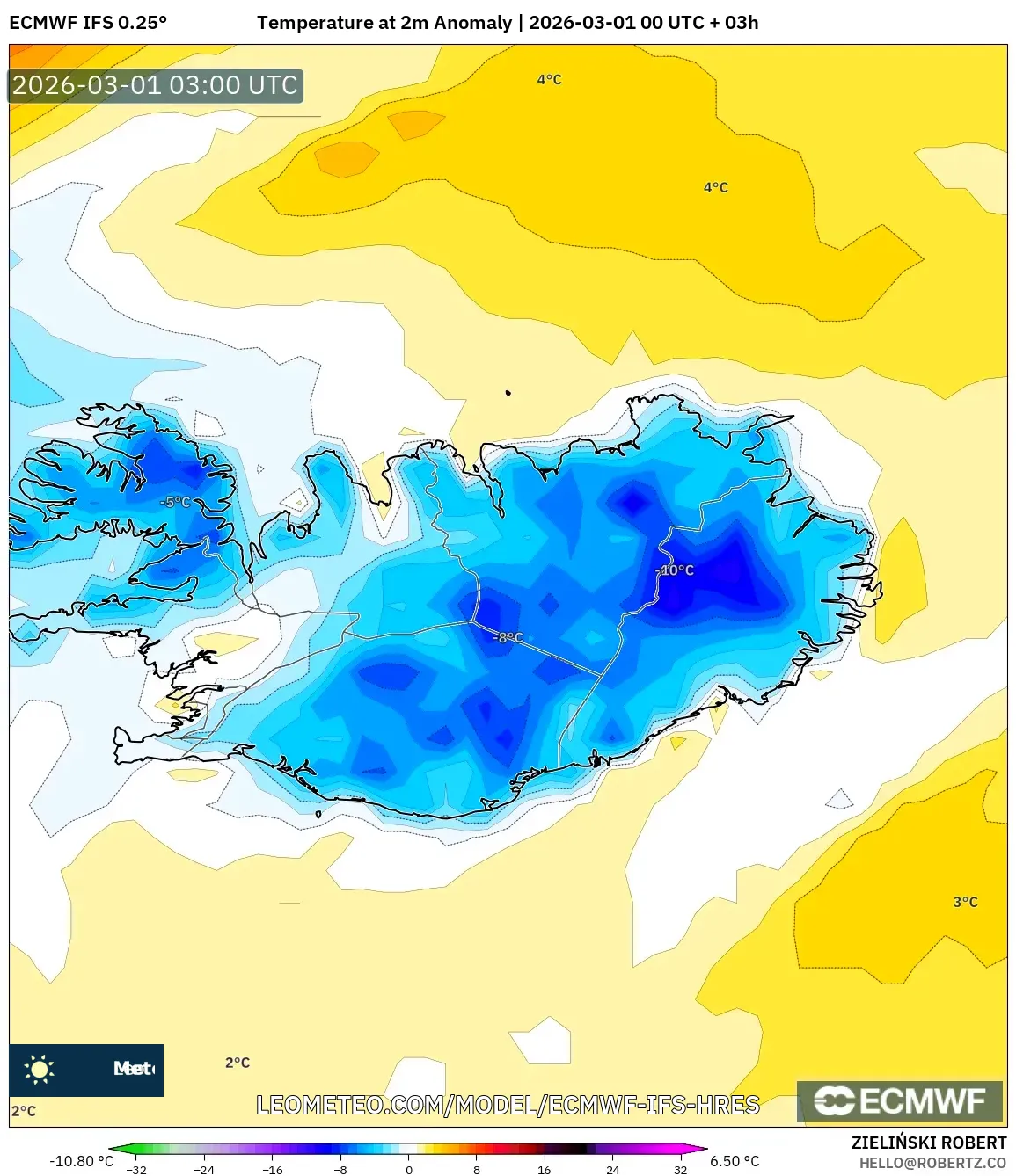 ECMWF IFS 0.25° model - Islandia, Anomalía de temperatura a 2 m