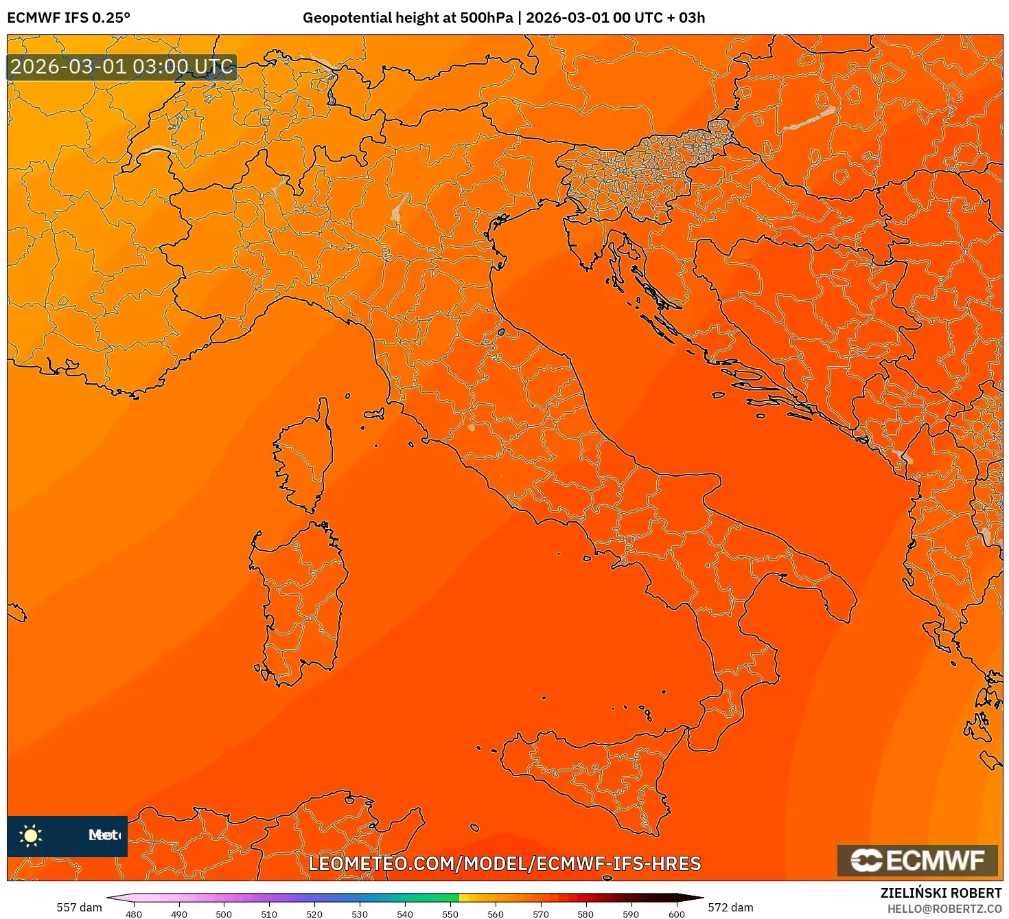 ECMWF IFS 0.25° model - Italia, Altura geopotencial a 500 hPa