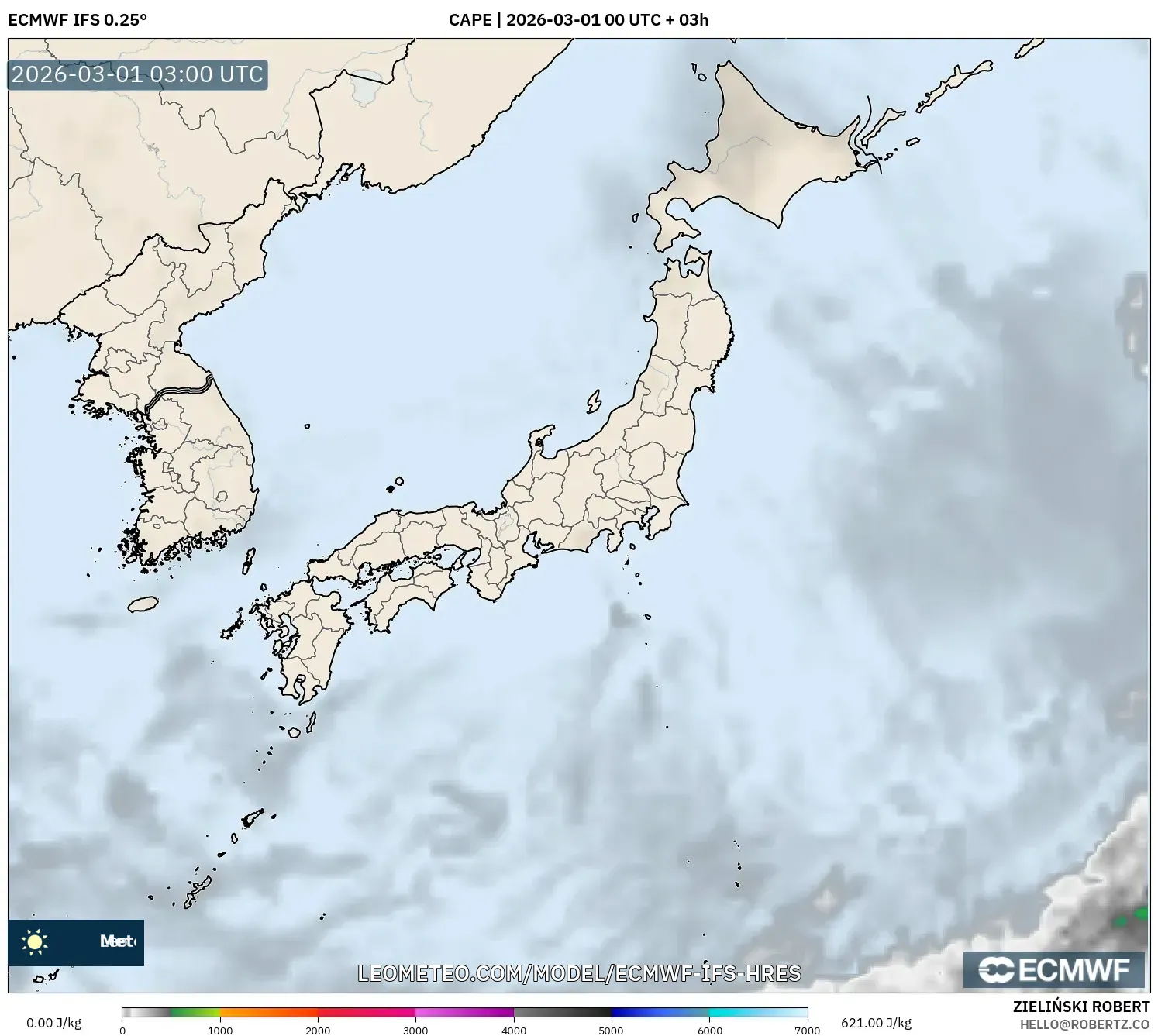 ECMWF IFS 0.25° model - Japón, CAPE